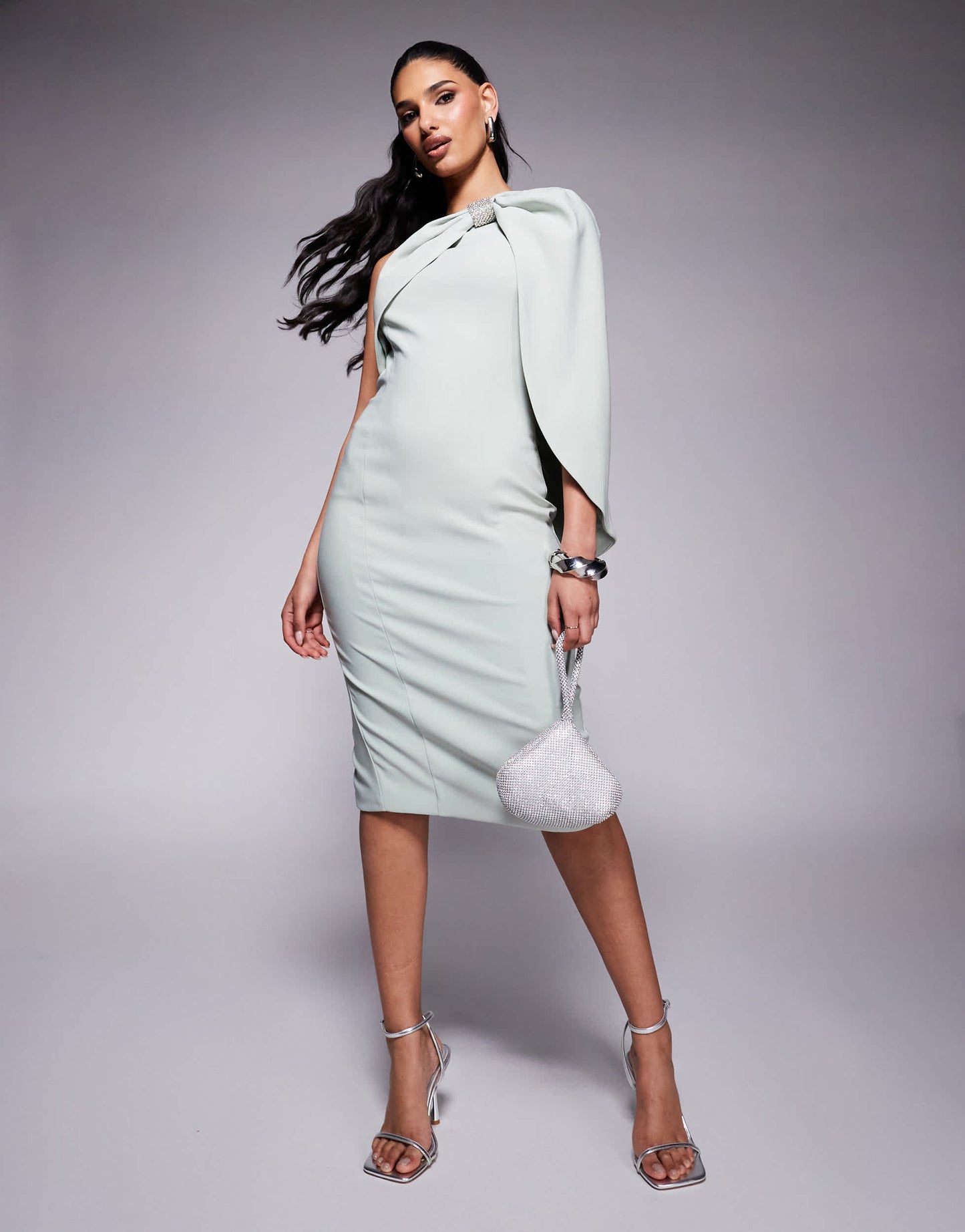 Lavish Alice one shoulder embellished bow cape midi dress in sage