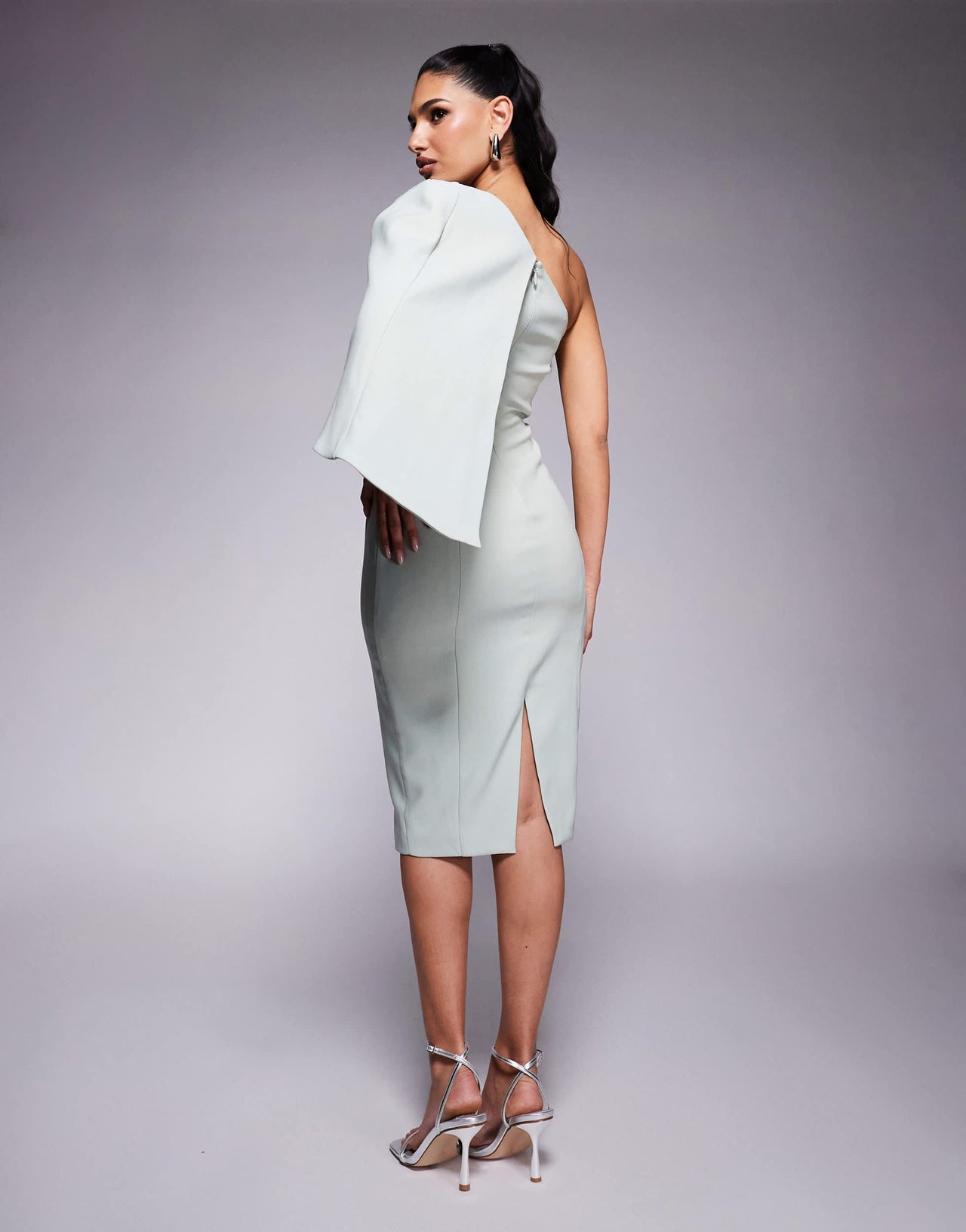 Lavish Alice one shoulder embellished bow cape midi dress in sage