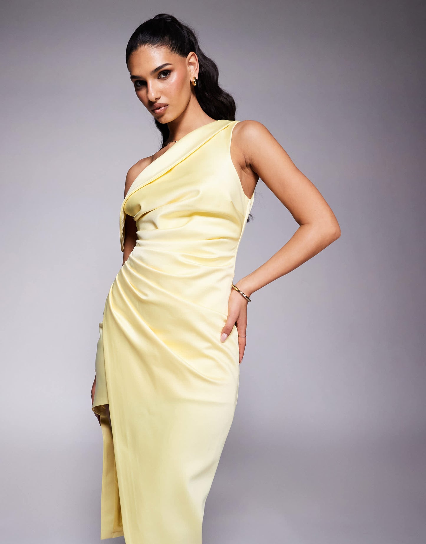 Lavish Alice asymmetric neckline pleated satin midi dress in yellow
