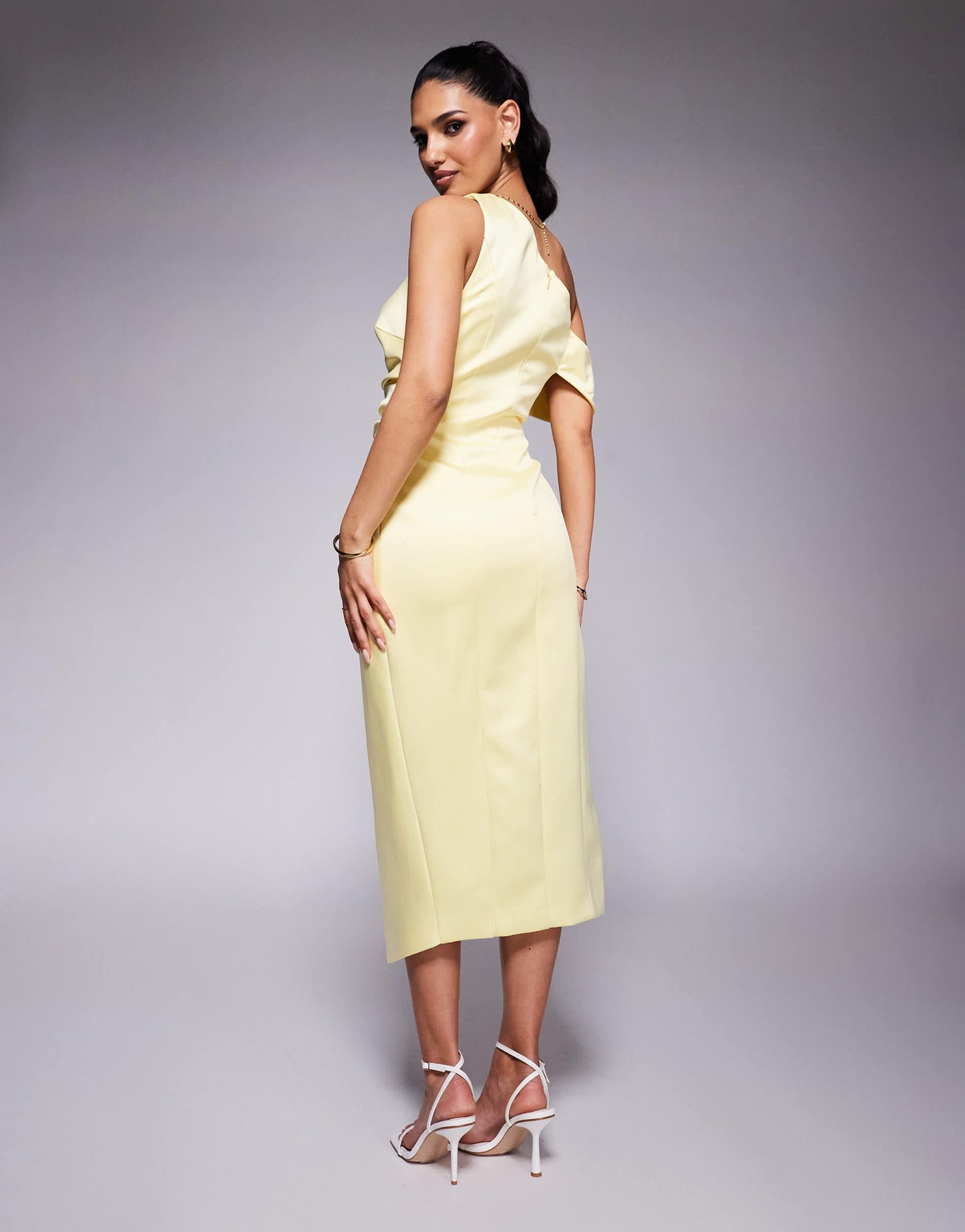 Lavish Alice asymmetric neckline pleated satin midi dress in yellow