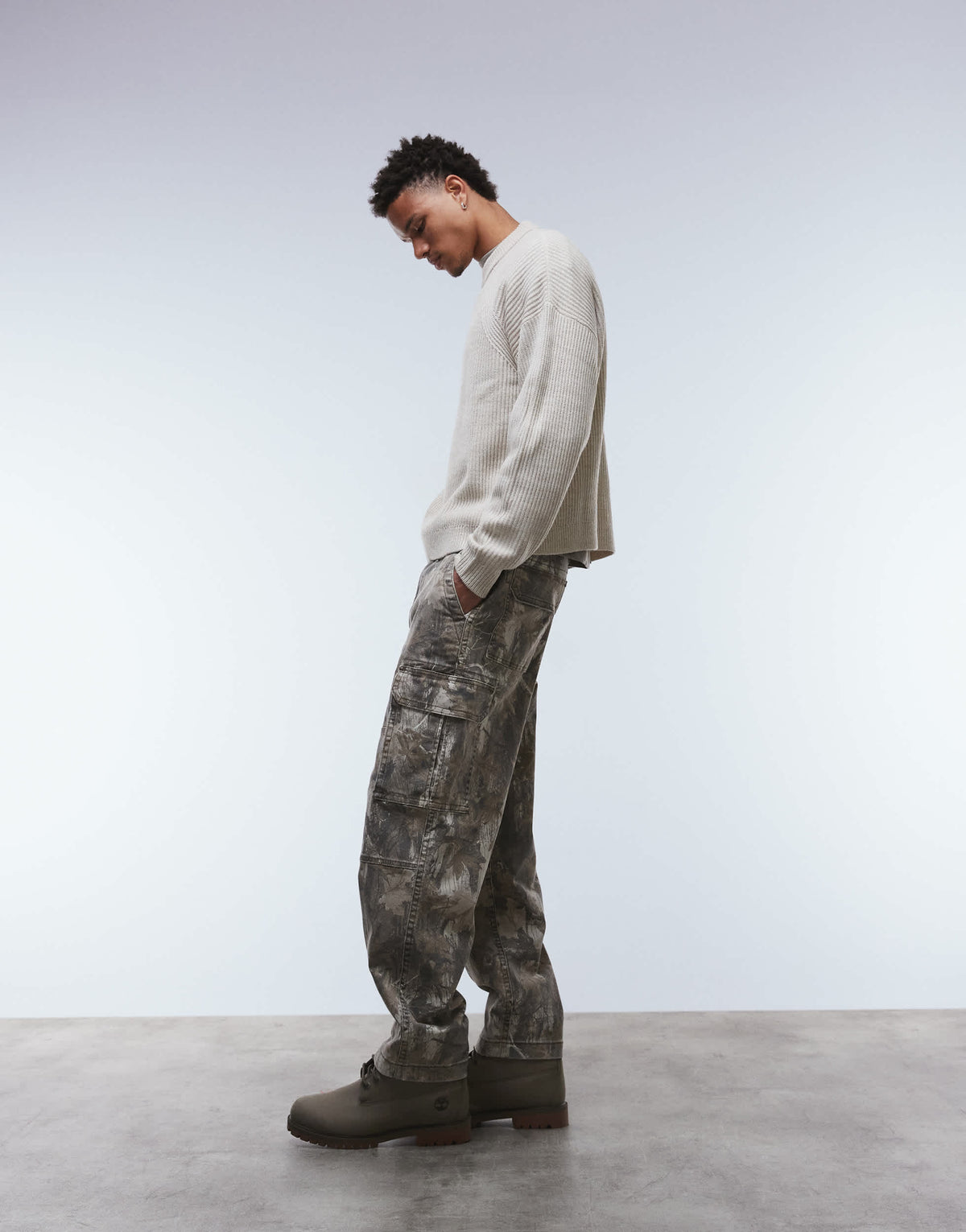 ASOS DESIGN oversized boxy fit knitted fisherman rib jumper in stone marl