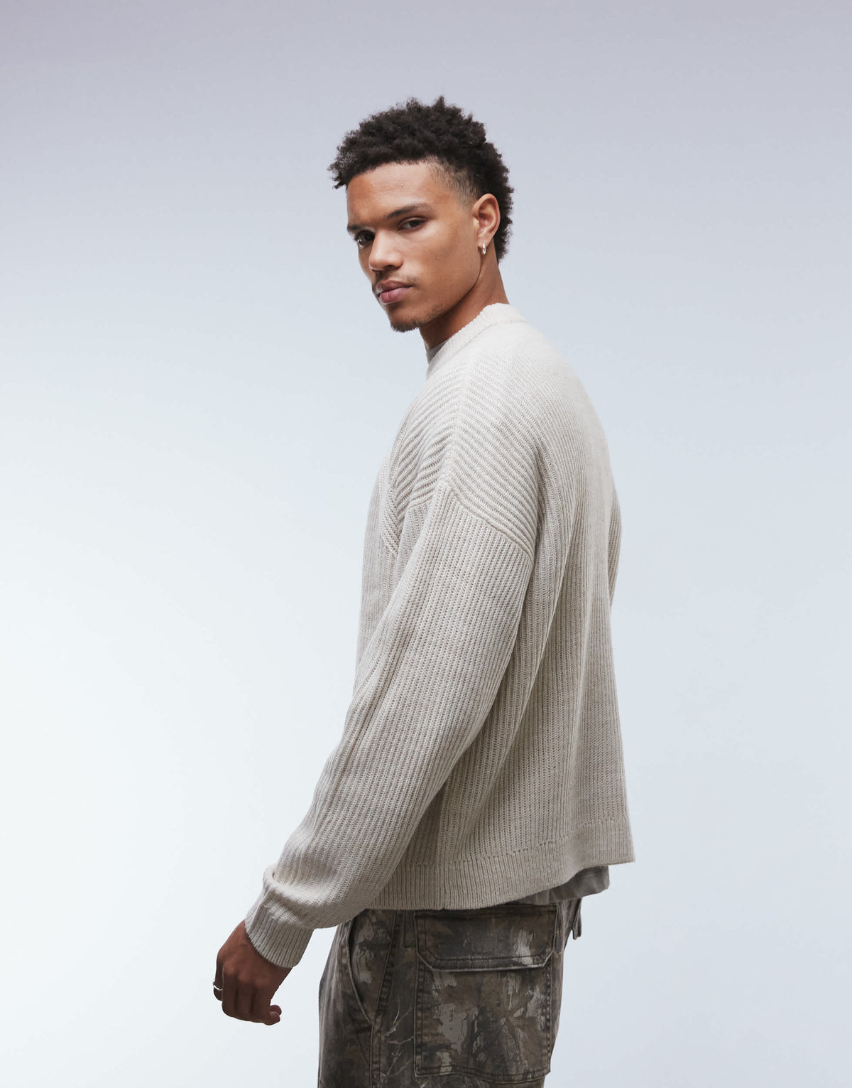 ASOS DESIGN oversized boxy fit knitted fisherman rib jumper in stone marl