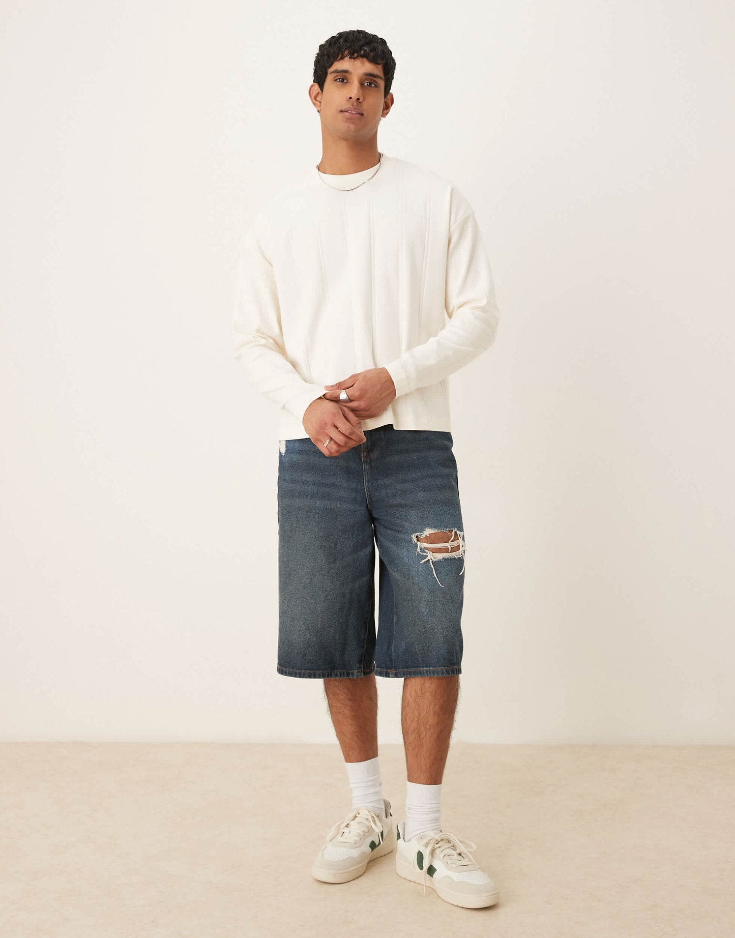 ASOS DESIGN oversized boxy long sleeve t-shirt in cream textured rib
