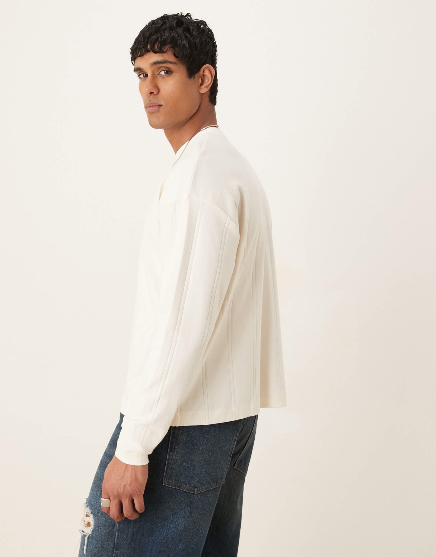 ASOS DESIGN oversized boxy long sleeve t-shirt in cream textured rib
