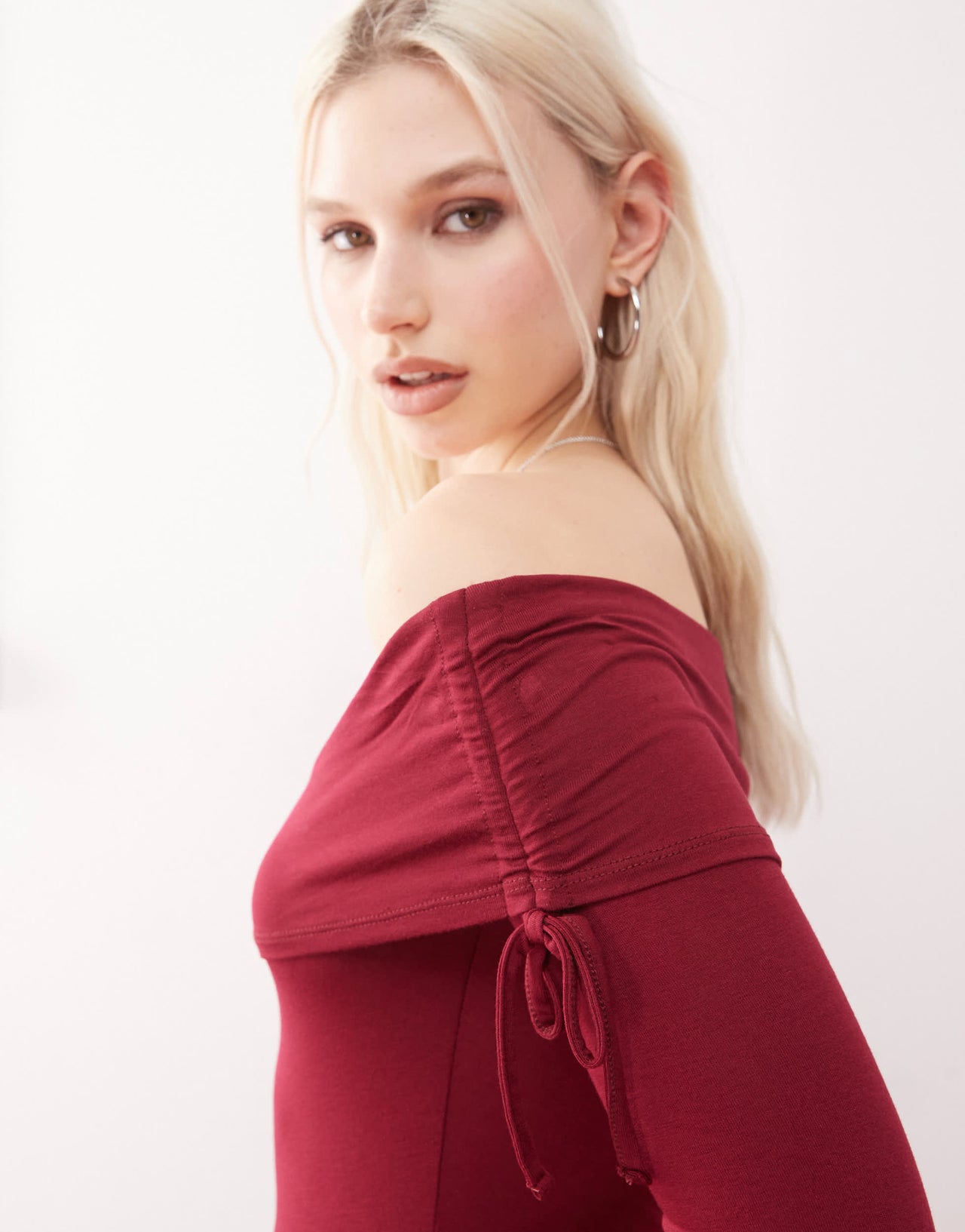 COLLUSION off shoulder long sleeve mini dress in wine