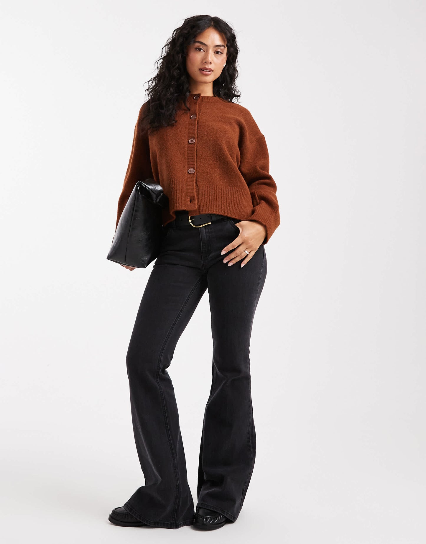 ASOS DESIGN boxy crew neck cardigan with side split detail in toffee
