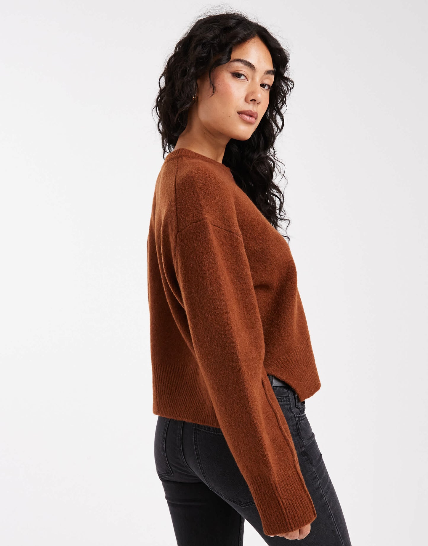 ASOS DESIGN boxy crew neck cardigan with side split detail in toffee