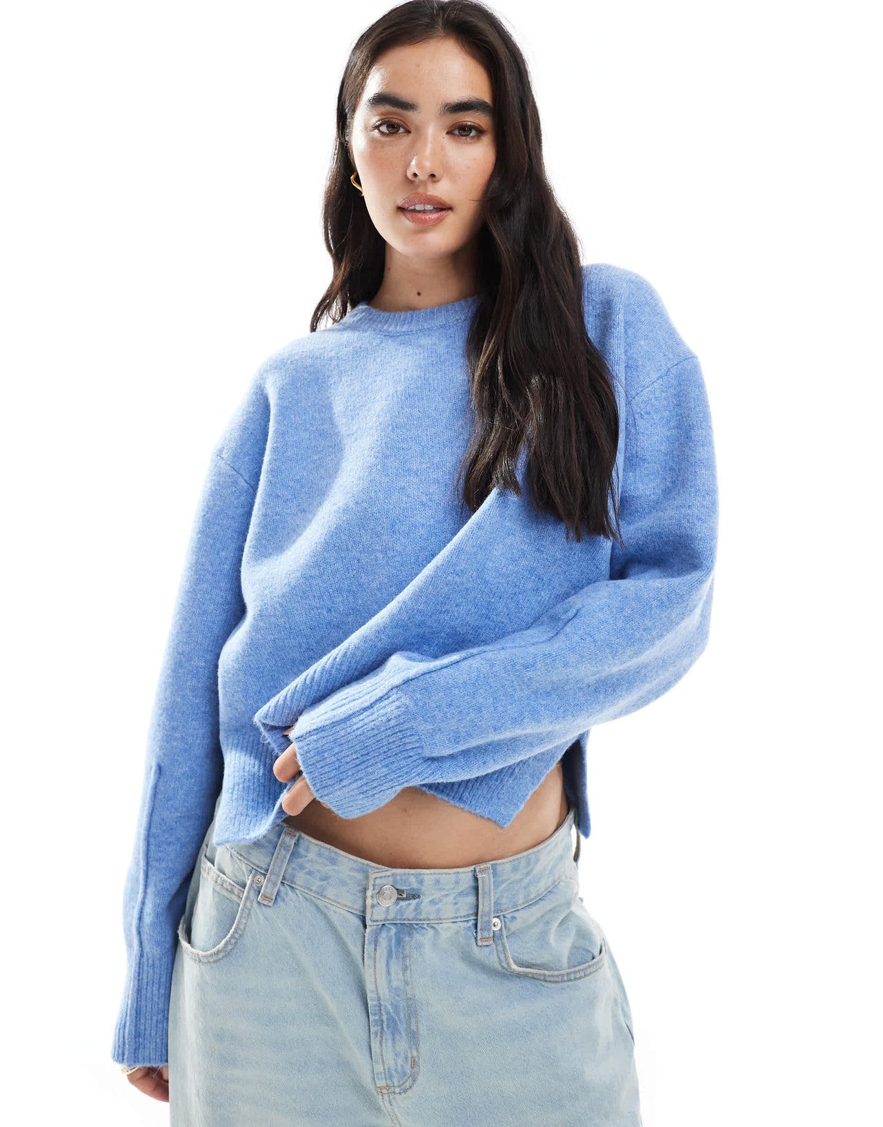 ASOS DESIGN boxy crew neck jumper with side split detail in blue