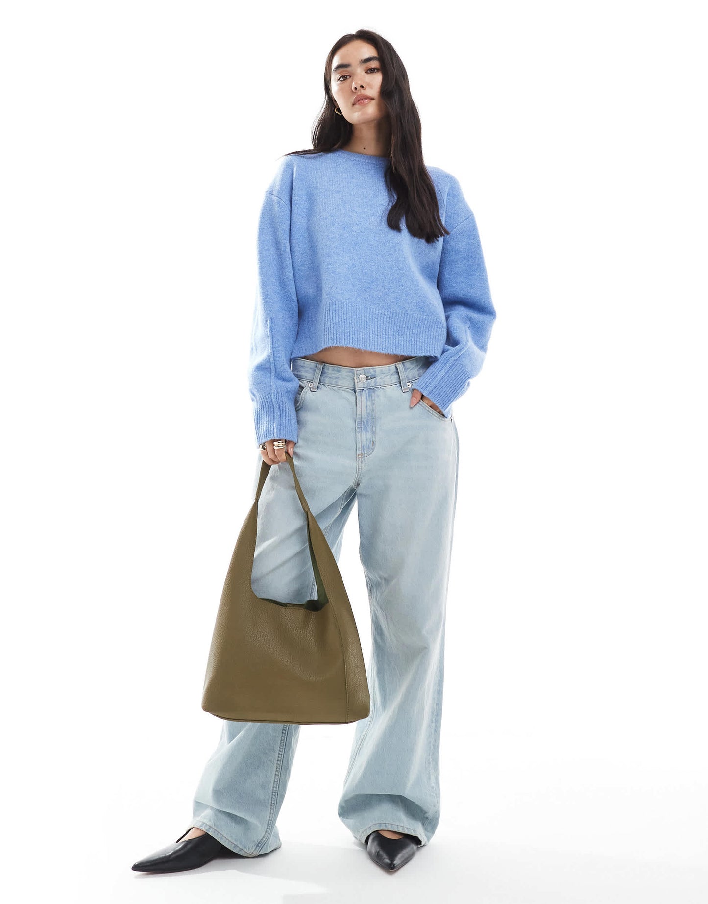 ASOS DESIGN boxy crew neck jumper with side split detail in blue