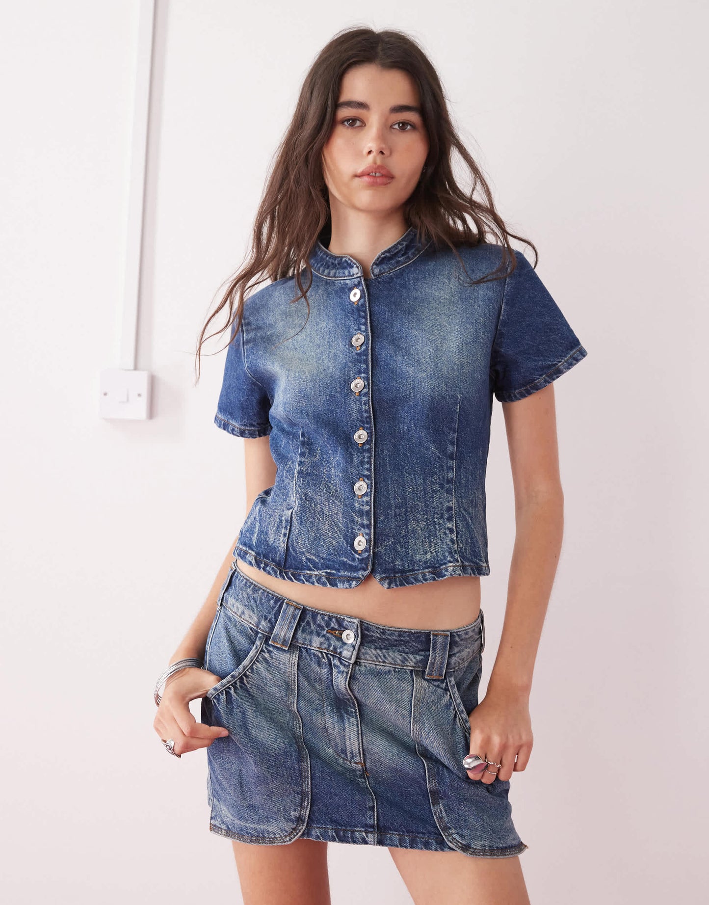 COLLUSION festival denim mini skirt co ord with pocket details in vintage wash
