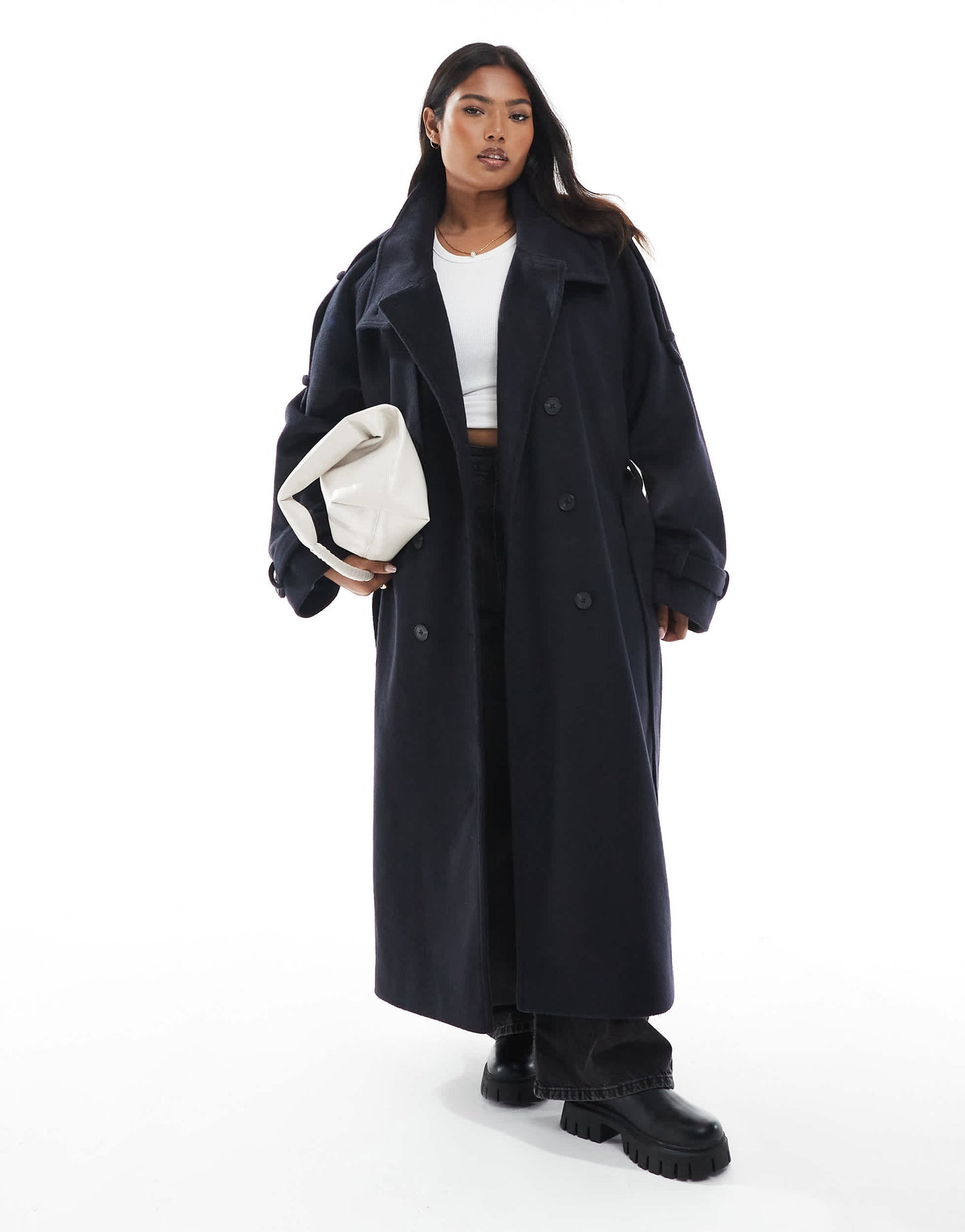 ASOS DESIGN Curve brushed longline funnel neck trench coat in navy