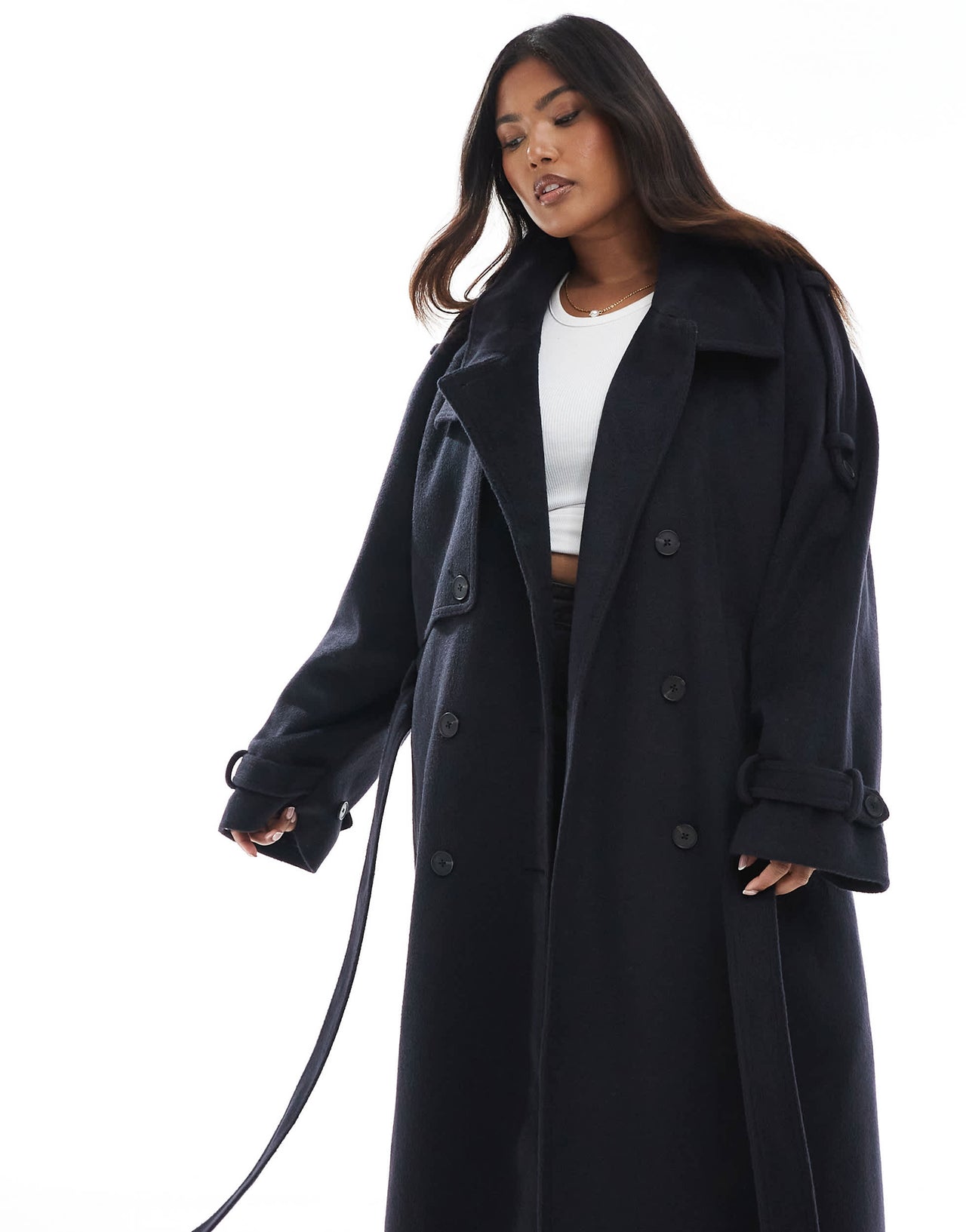 ASOS DESIGN Curve brushed longline funnel neck trench coat in navy
