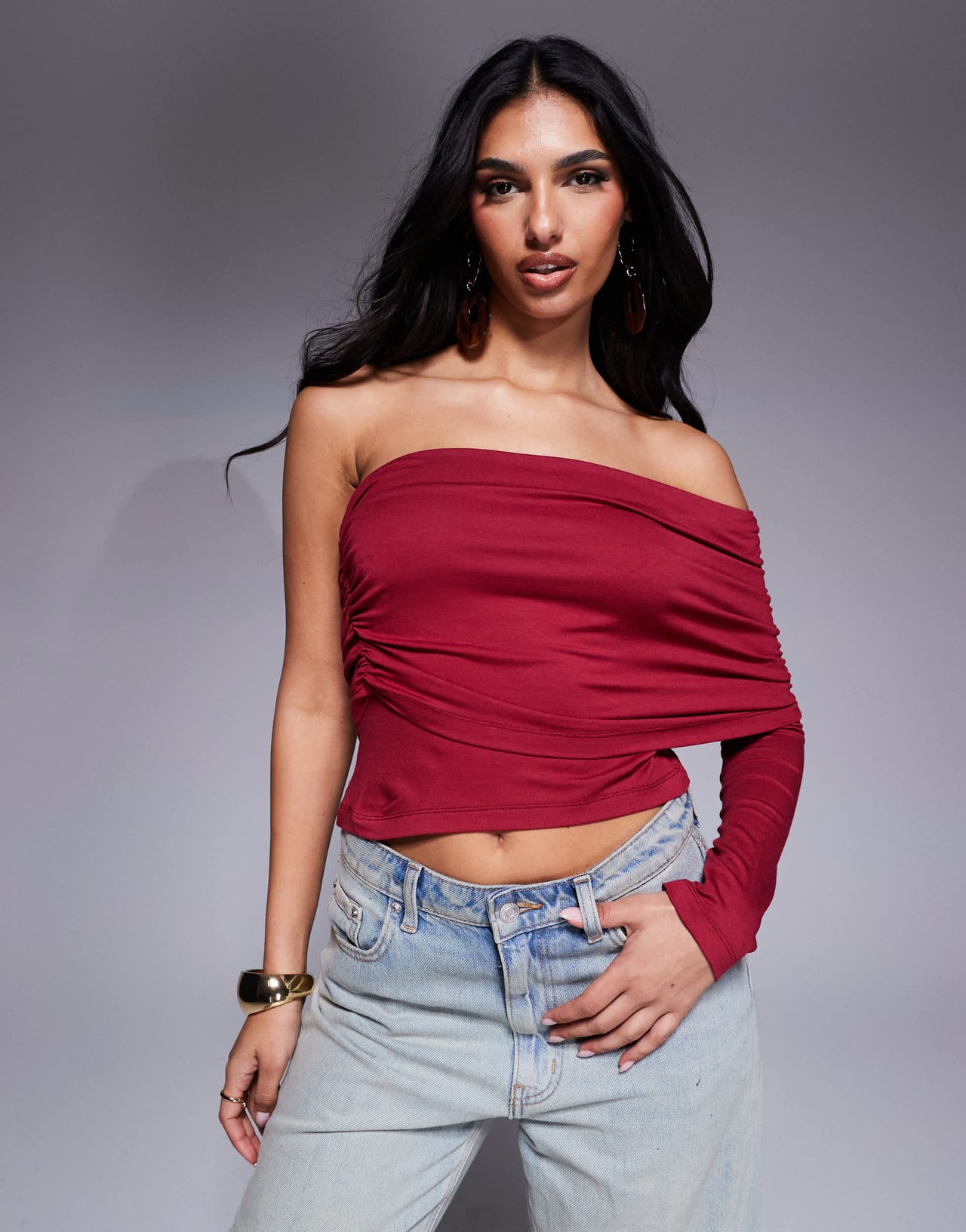 ASOS DESIGN one shoulder bardot top in berry