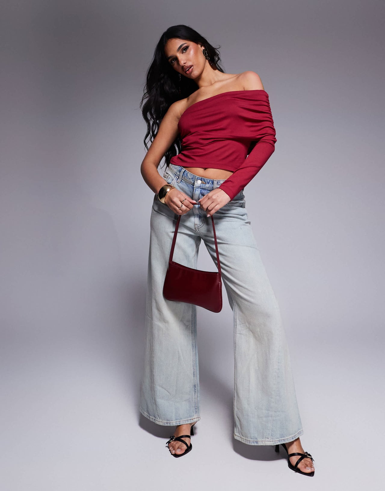 ASOS DESIGN one shoulder bardot top in berry