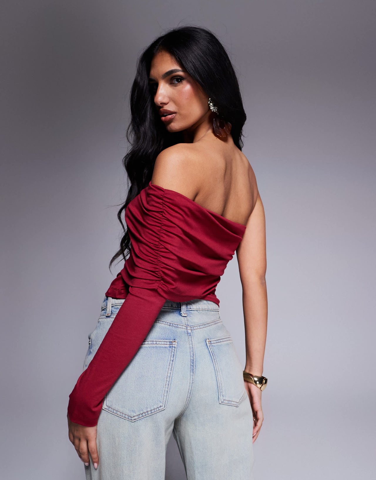 ASOS DESIGN one shoulder bardot top in berry