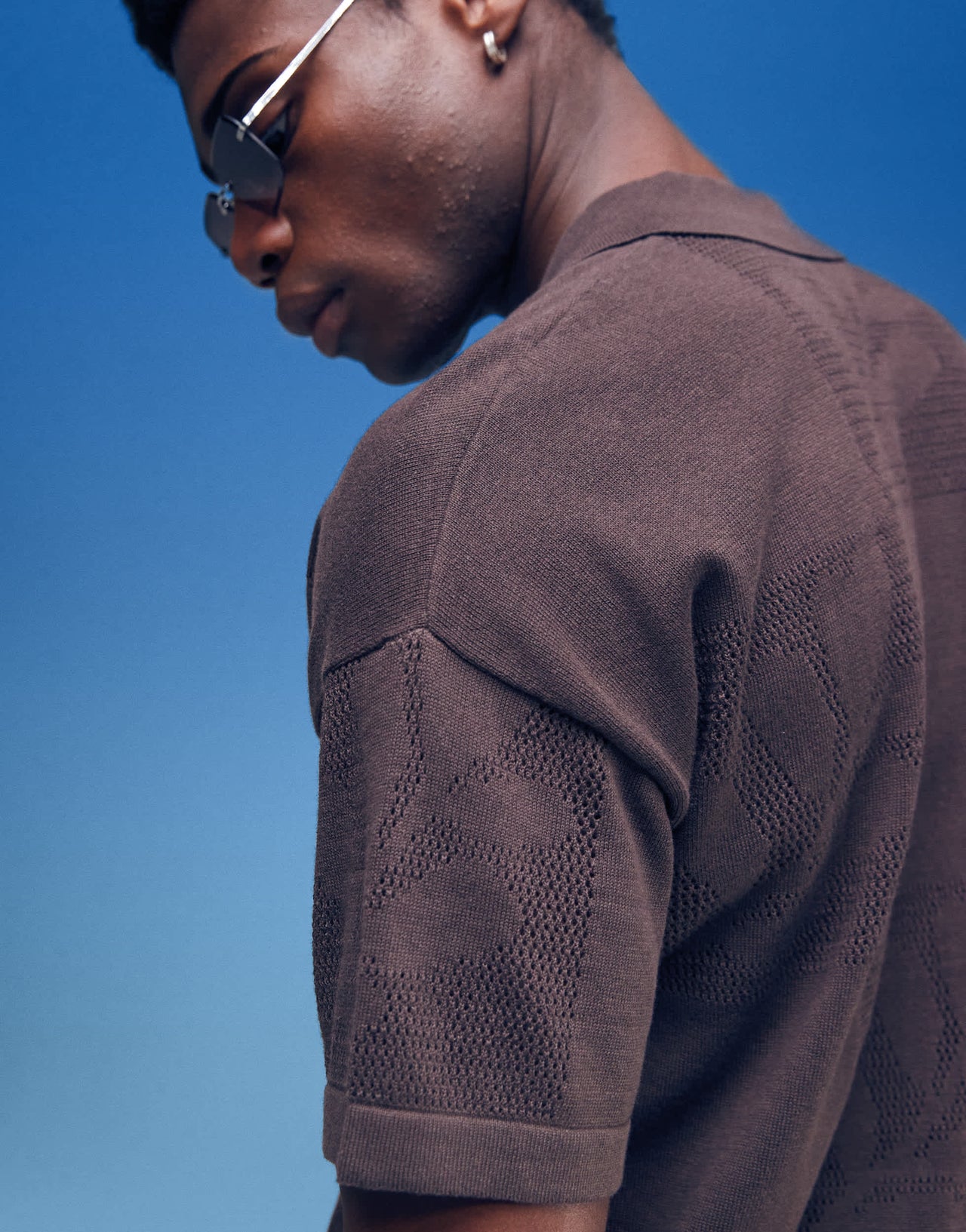 ASOS DESIGN relaxed floral textured button through knitted polo in brown