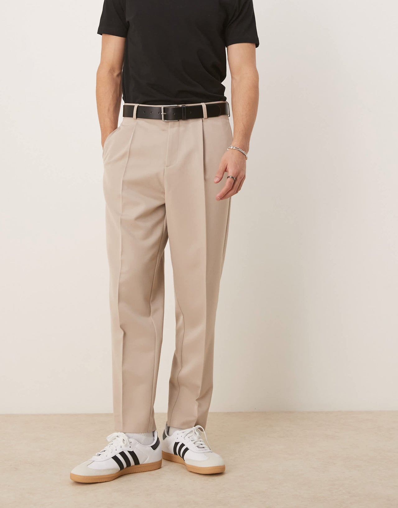 ASOS DESIGN smart relaxed tapered fit trousers with front pleat in stone