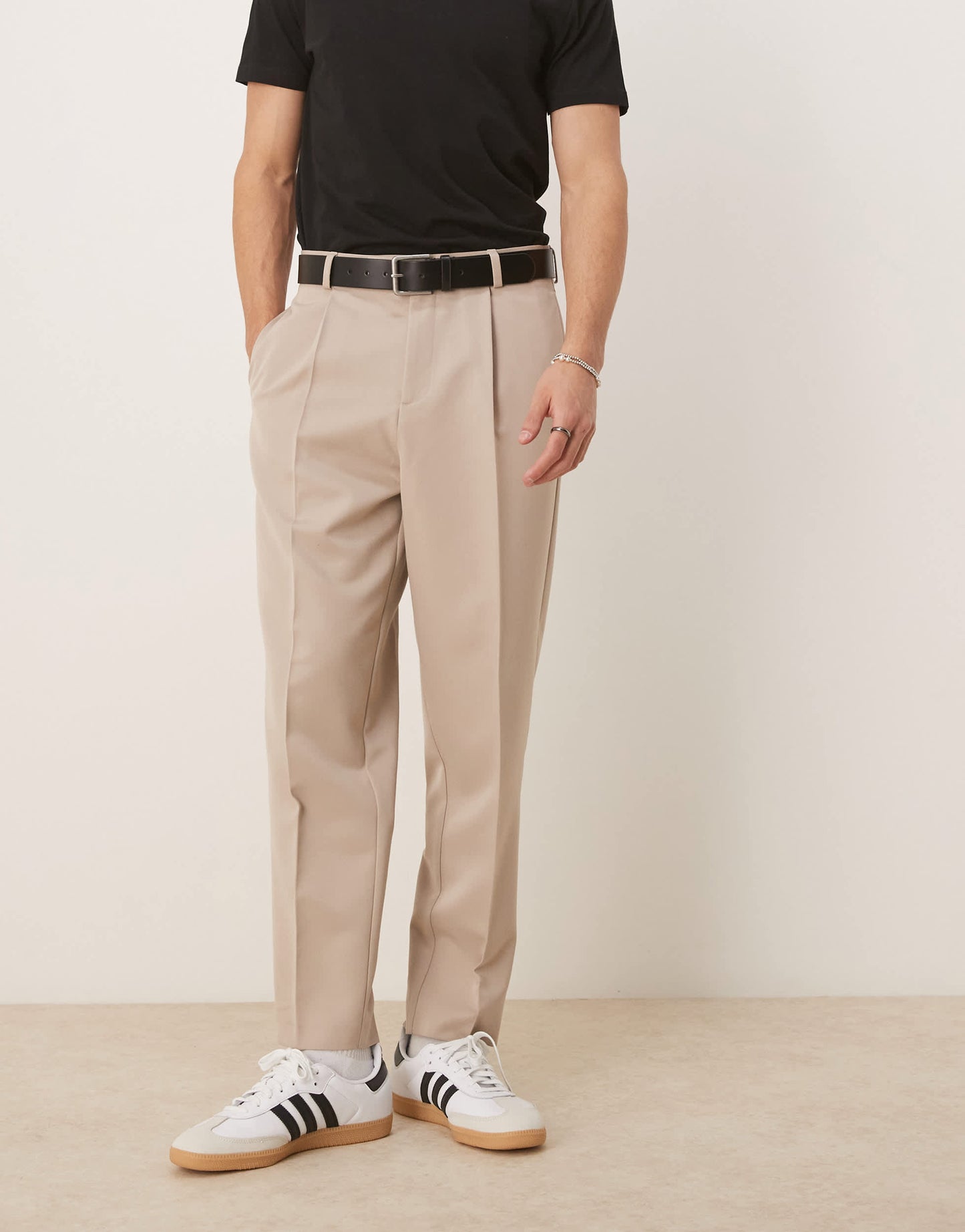 ASOS DESIGN smart relaxed tapered fit trousers with front pleat in stone