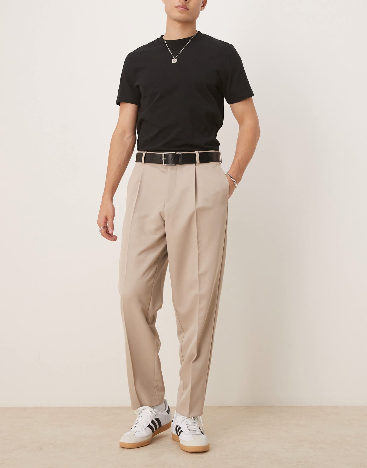 ASOS DESIGN smart relaxed tapered fit trousers with front pleat in stone