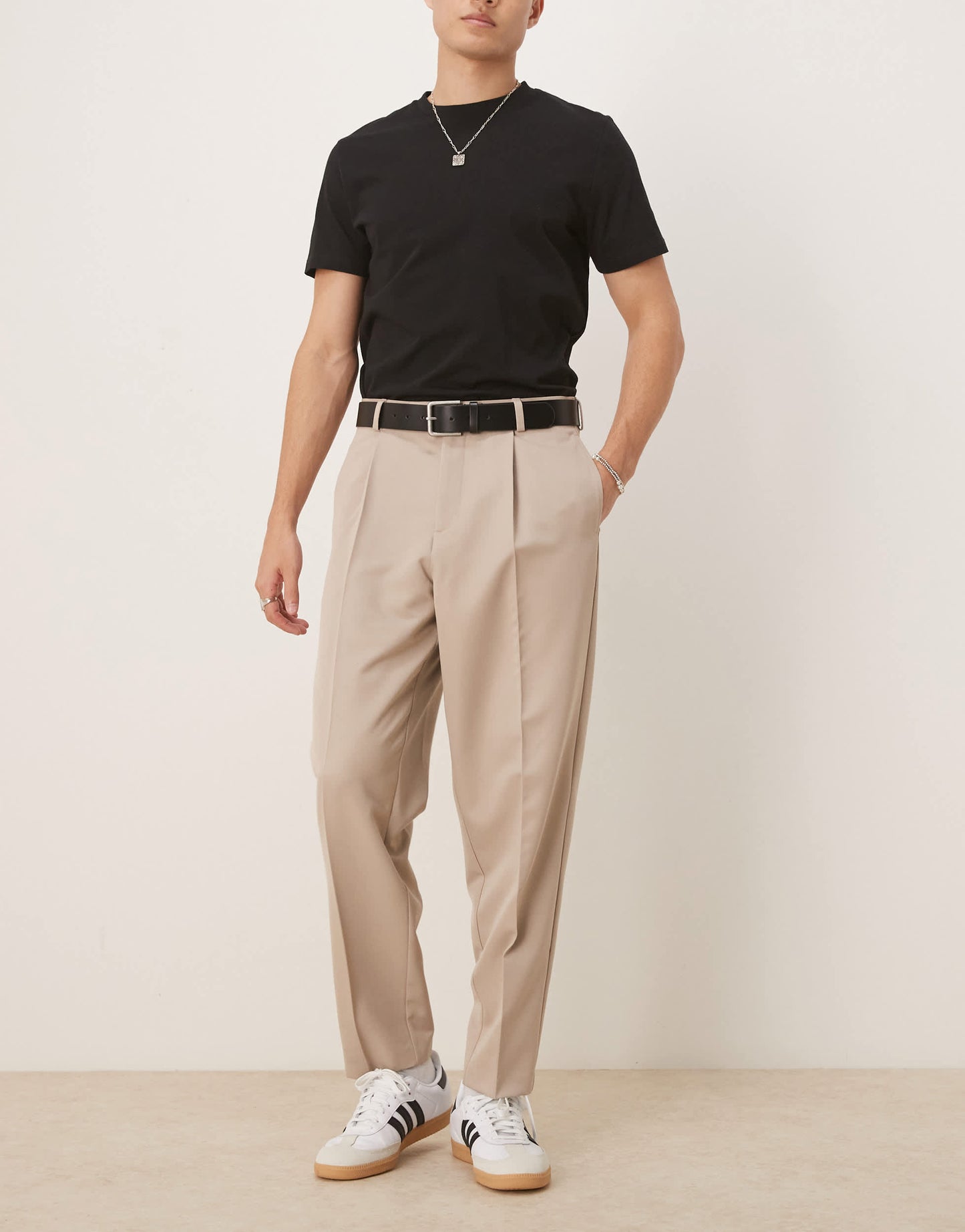 ASOS DESIGN smart relaxed tapered fit trousers with front pleat in stone