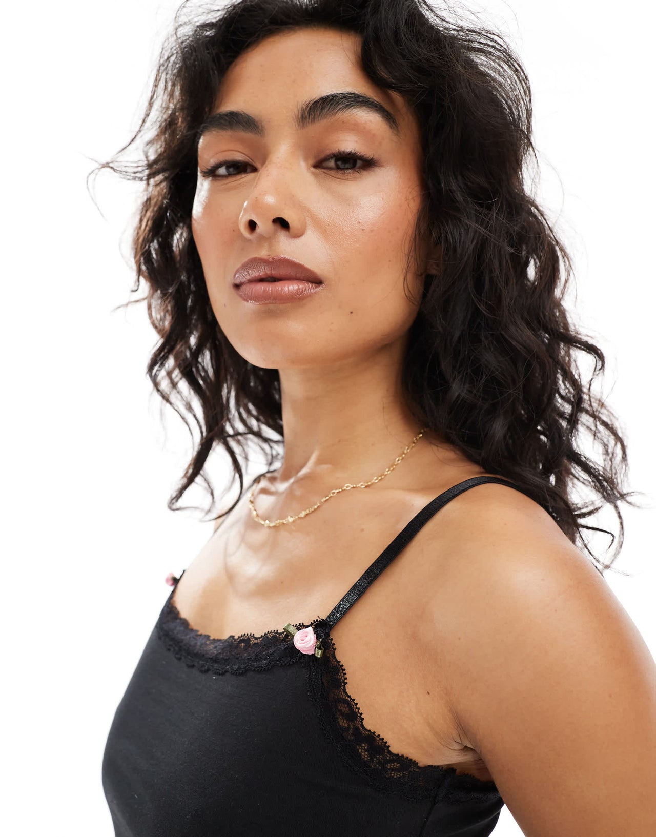 The Frolic exclusive lace trim jersey cami pyjama top co-ord in black