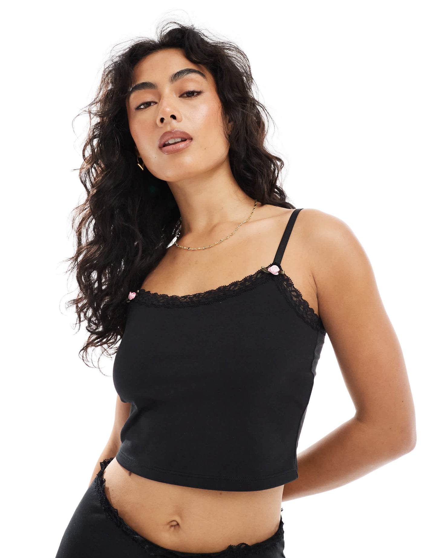 The Frolic exclusive lace trim jersey cami pyjama top co-ord in black
