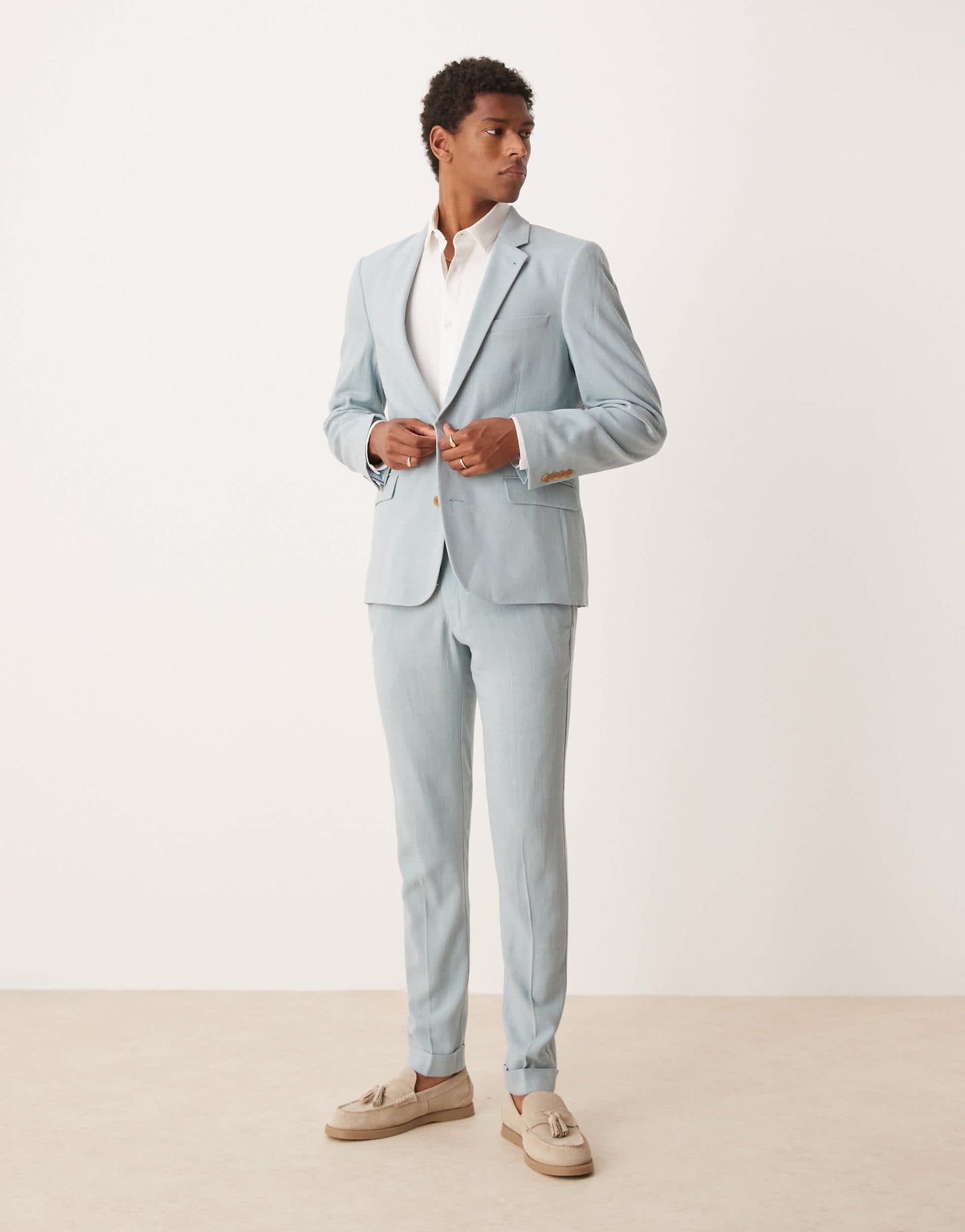 ASOS DESIGN skinny suit trousers with linen in light blue microtexture