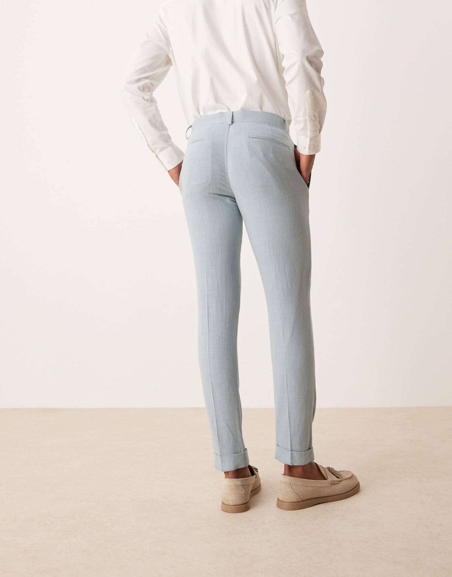 ASOS DESIGN skinny suit trousers with linen in light blue microtexture
