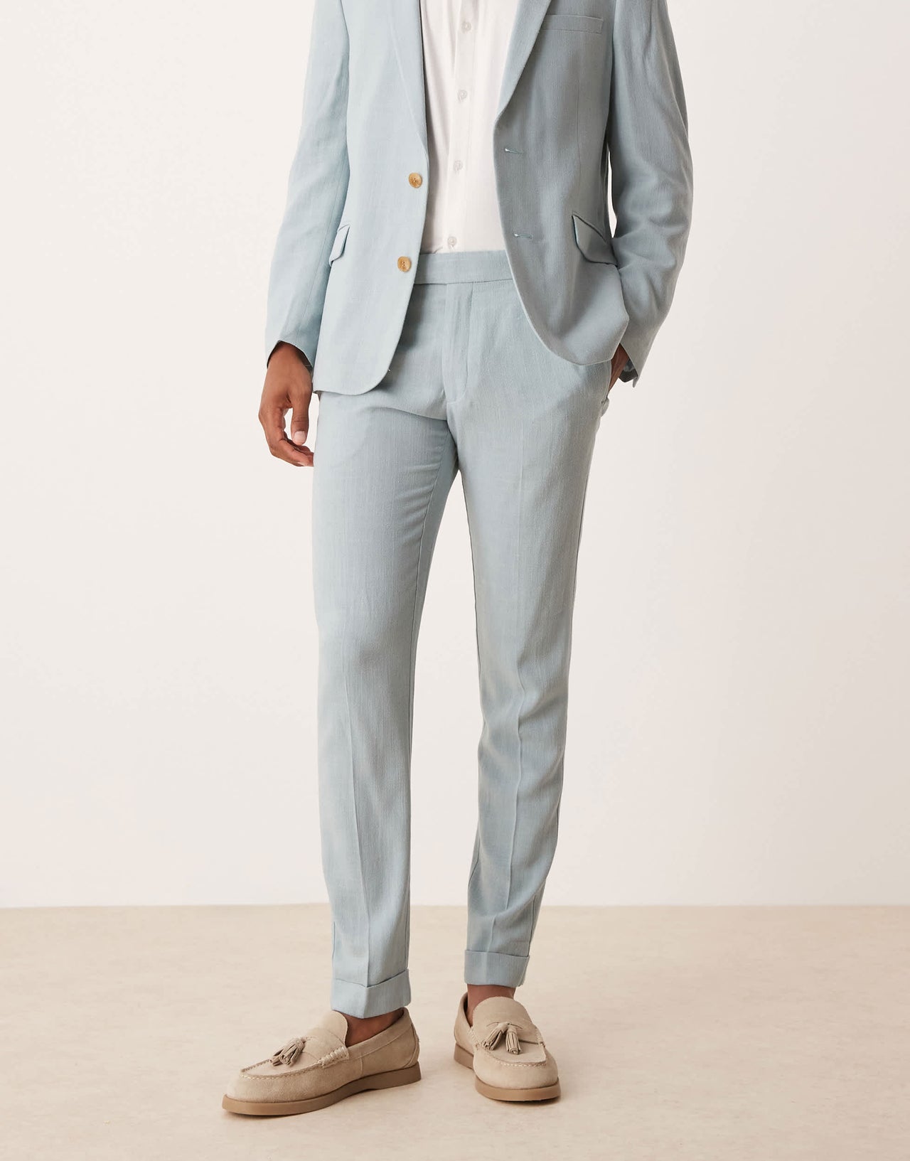 ASOS DESIGN skinny suit trousers with linen in light blue microtexture