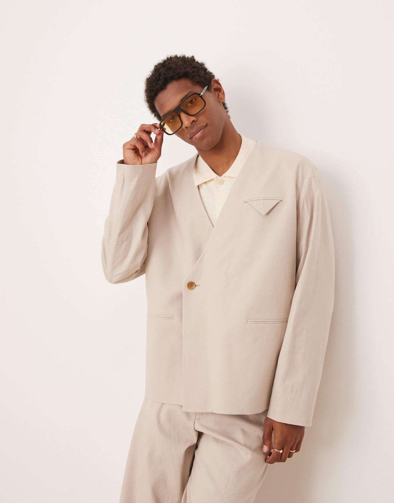 ASOS DESIGN collarless boxy suit jacket with linen in stone