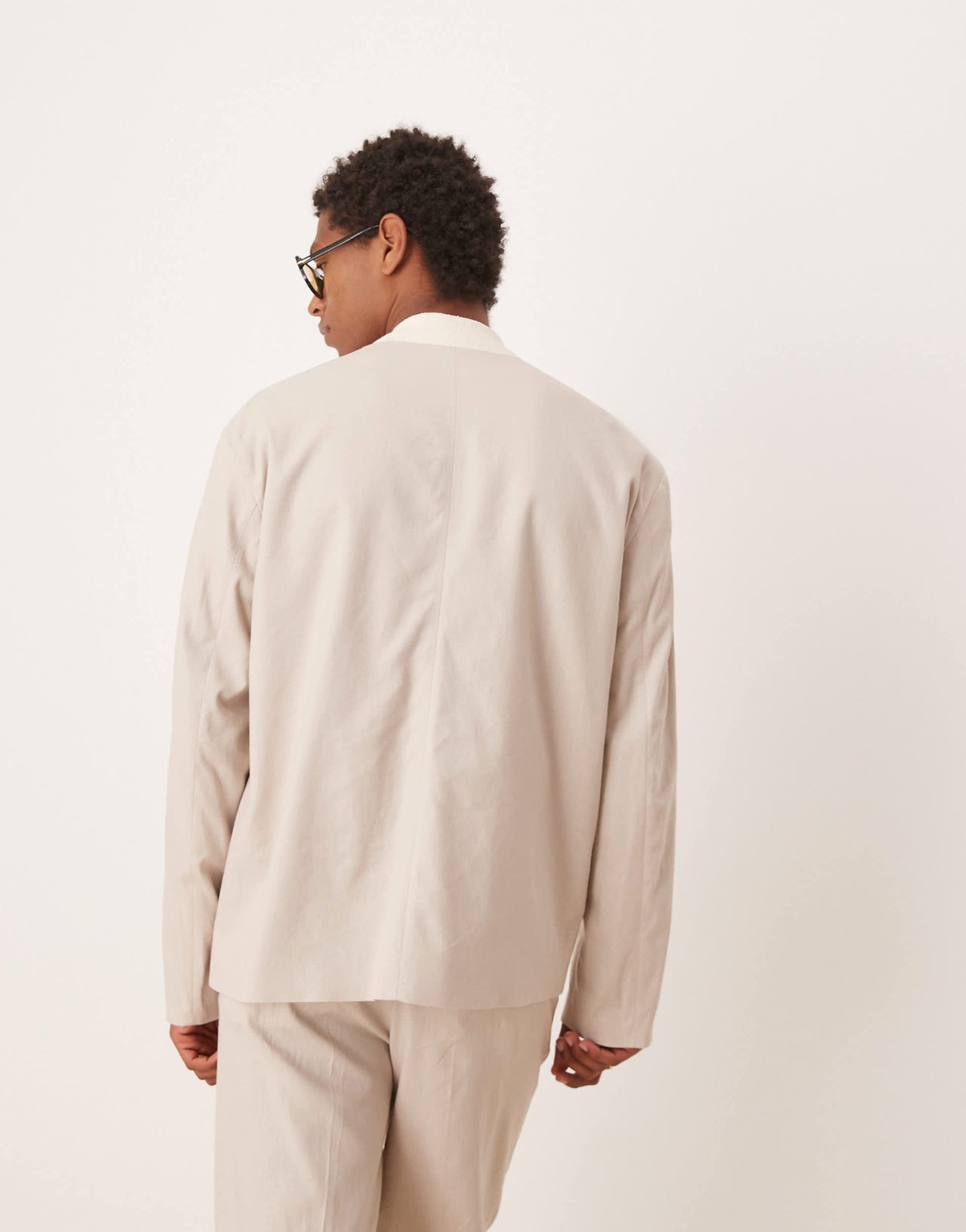 ASOS DESIGN collarless boxy suit jacket with linen in stone