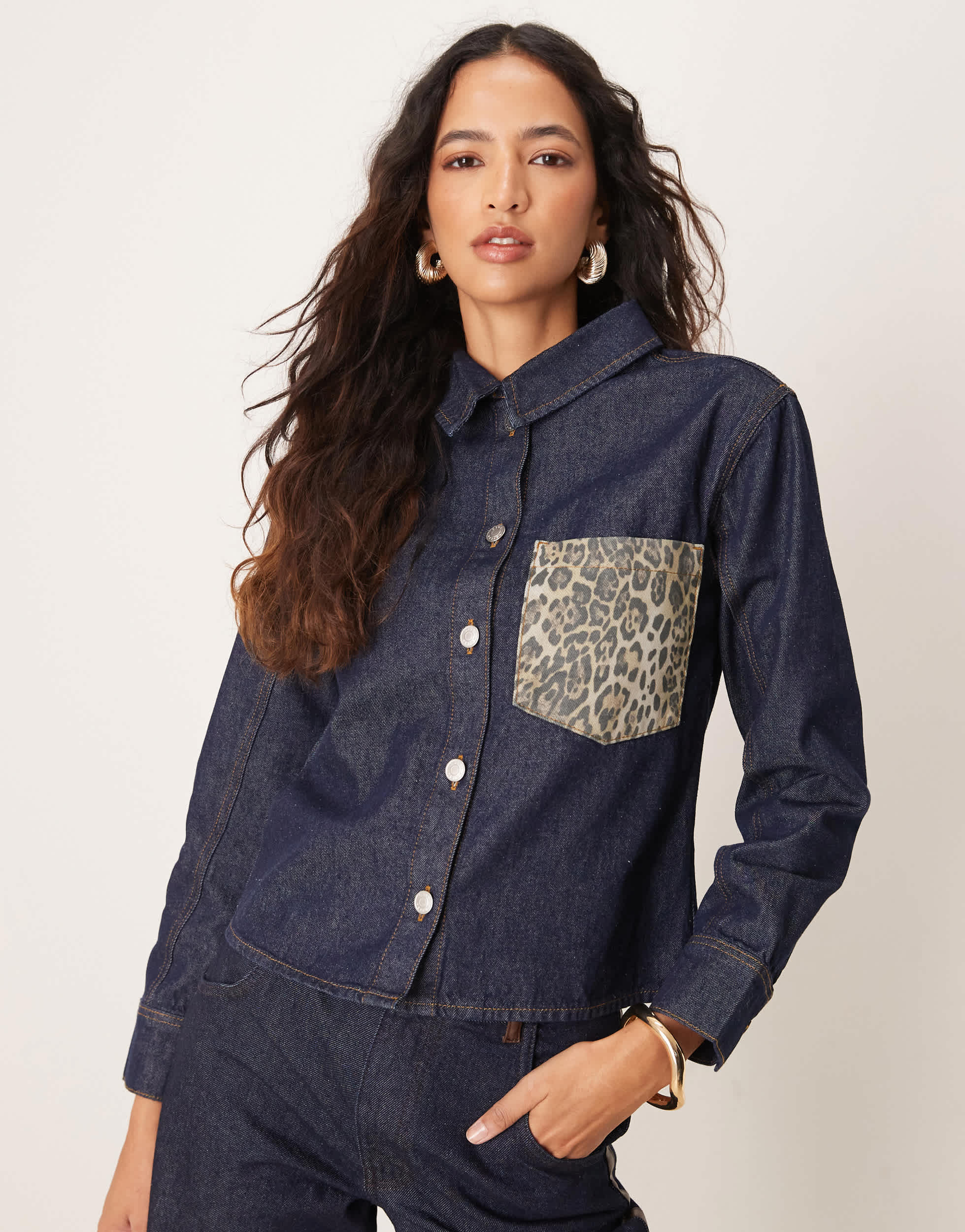 ASOS DESIGN denim oversized shirt with leopard print pocket in indigo