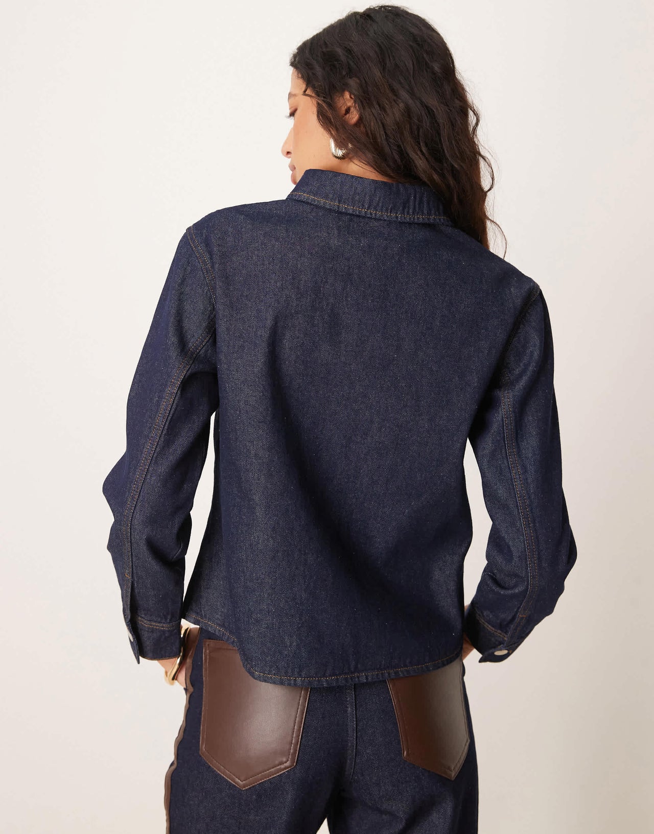 ASOS DESIGN denim oversized shirt with leopard print pocket in indigo