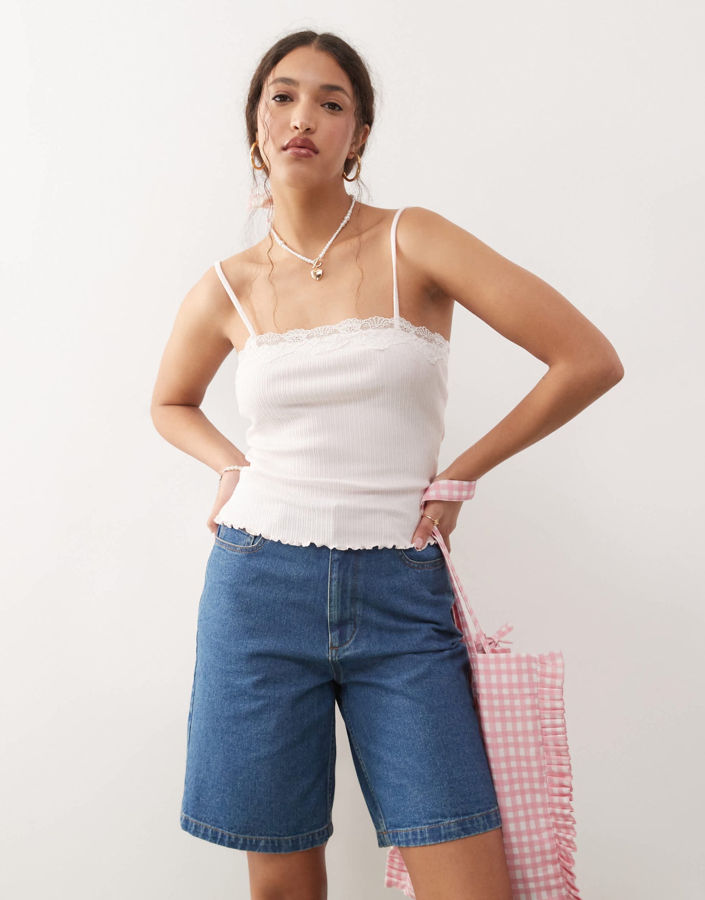 Miss Selfridge lace trim rib cami top in pale pink