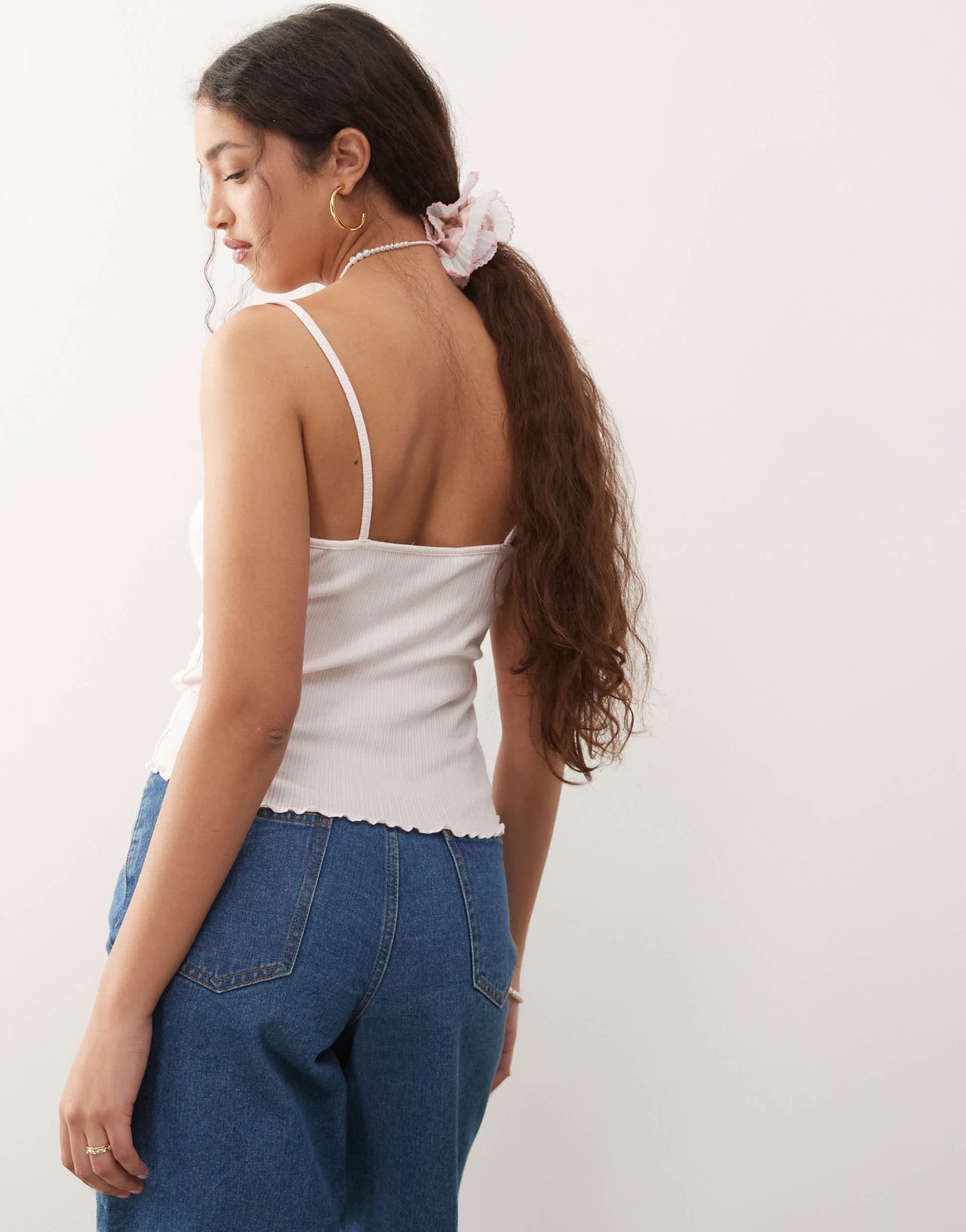 Miss Selfridge lace trim rib cami top in pale pink