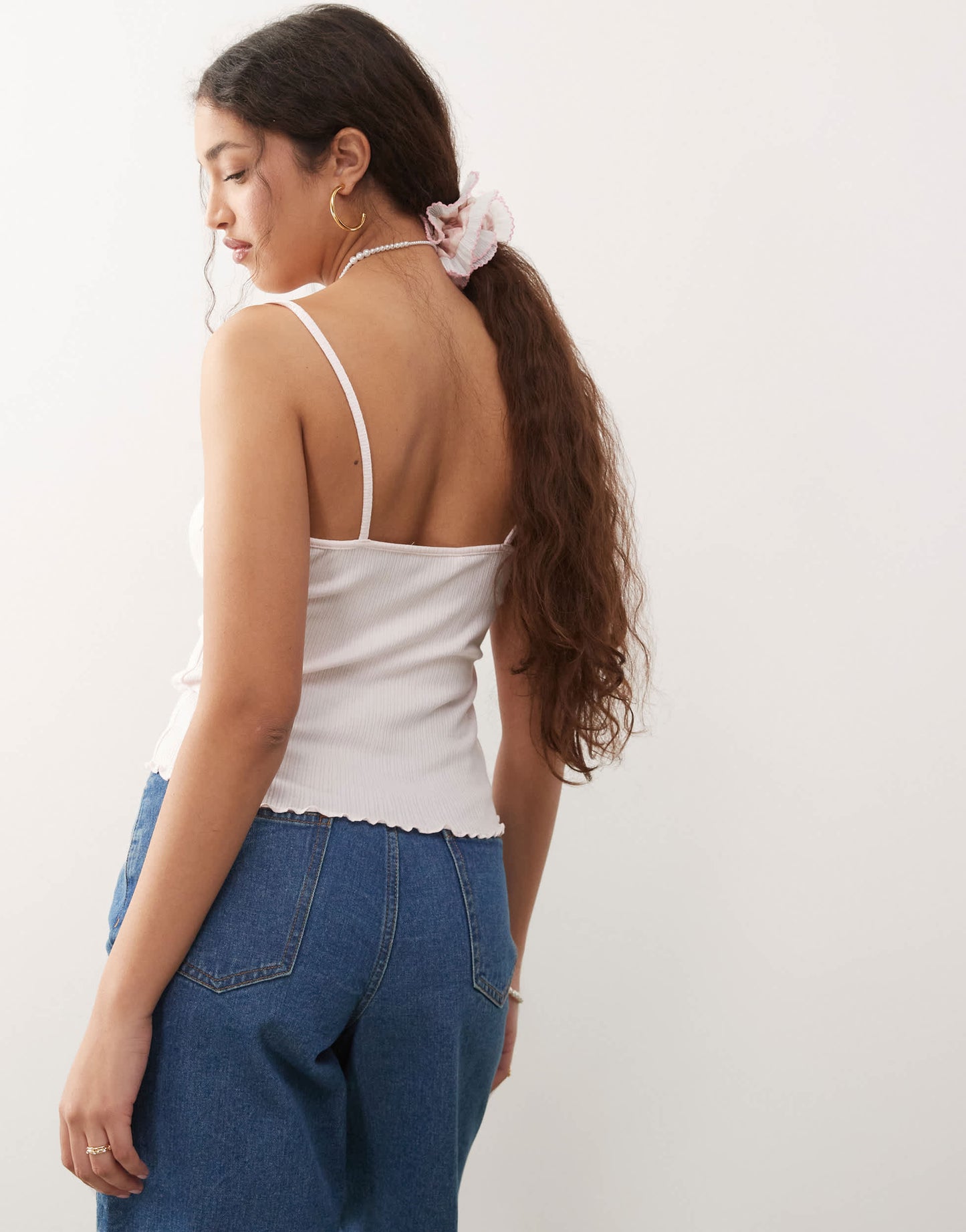 Miss Selfridge lace trim rib cami top in pale pink
