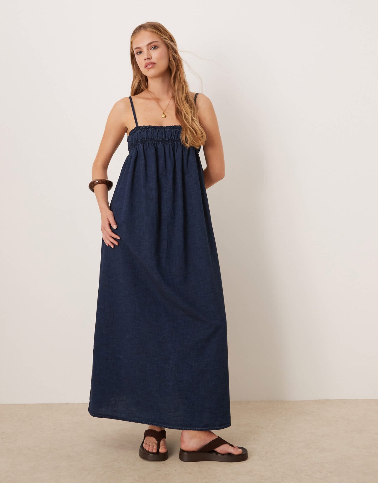 ASOS DESIGN soft denim smock maxi dress with shirring bust in rinse