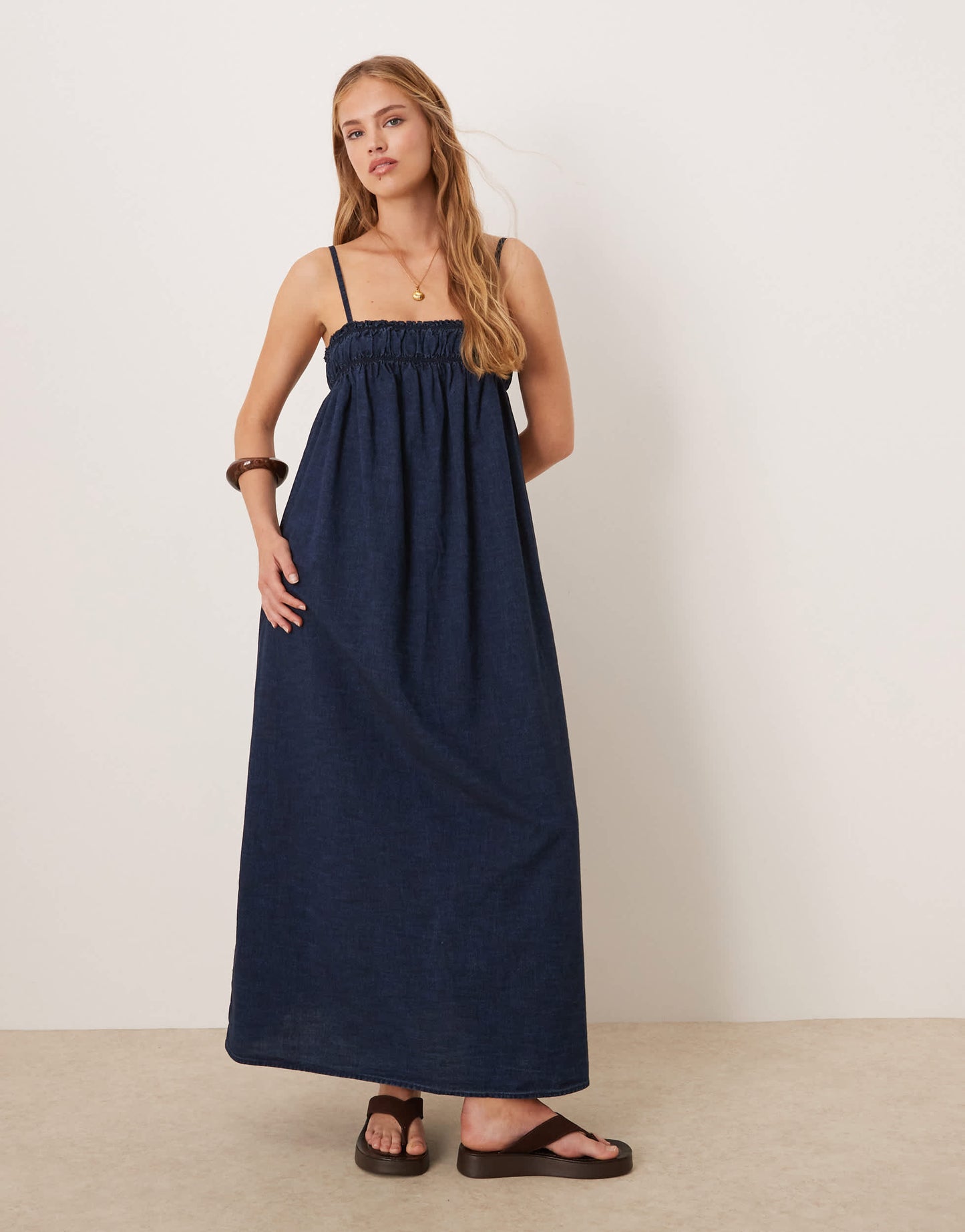 ASOS DESIGN soft denim smock maxi dress with shirring bust in rinse