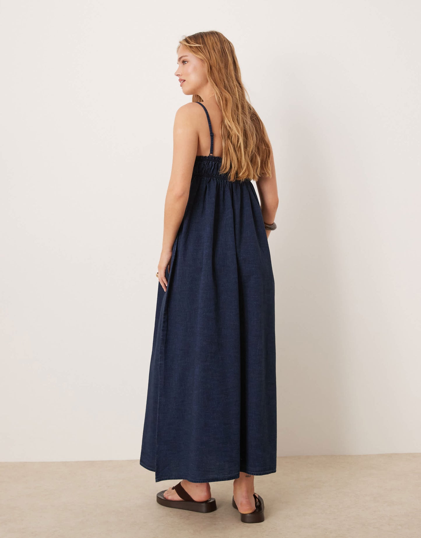 ASOS DESIGN soft denim smock maxi dress with shirring bust in rinse