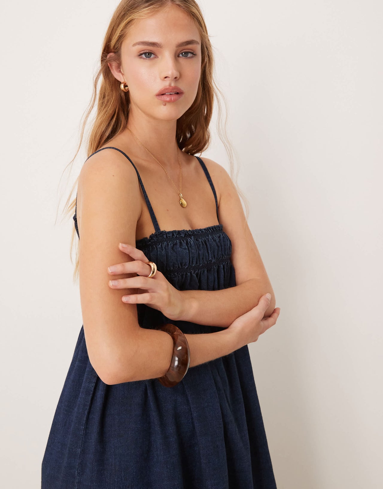 ASOS DESIGN soft denim smock maxi dress with shirring bust in rinse