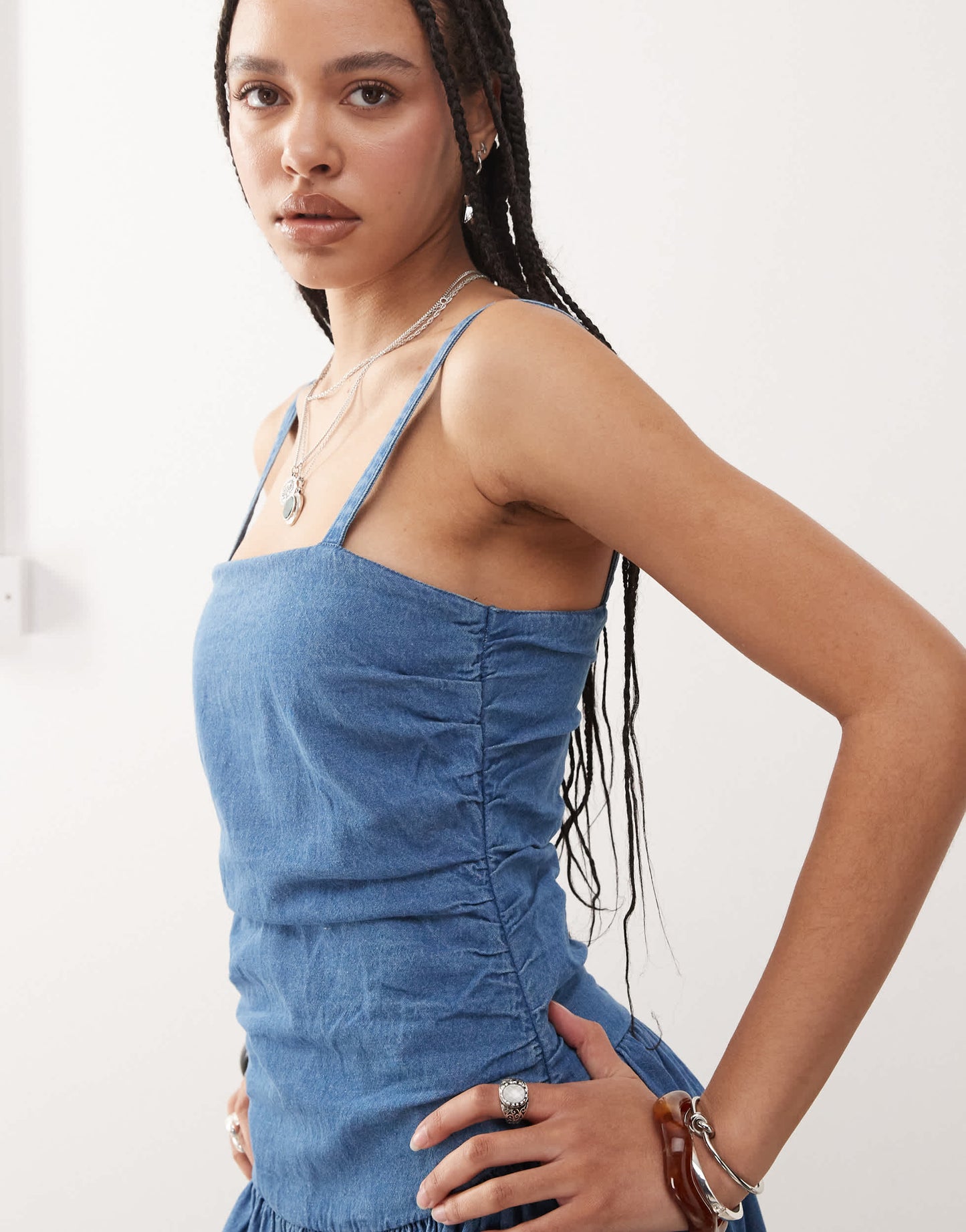 Reclaimed Vintage dropped waist gathered detail midi denim dress in authentic midwash blue - MBLUE
