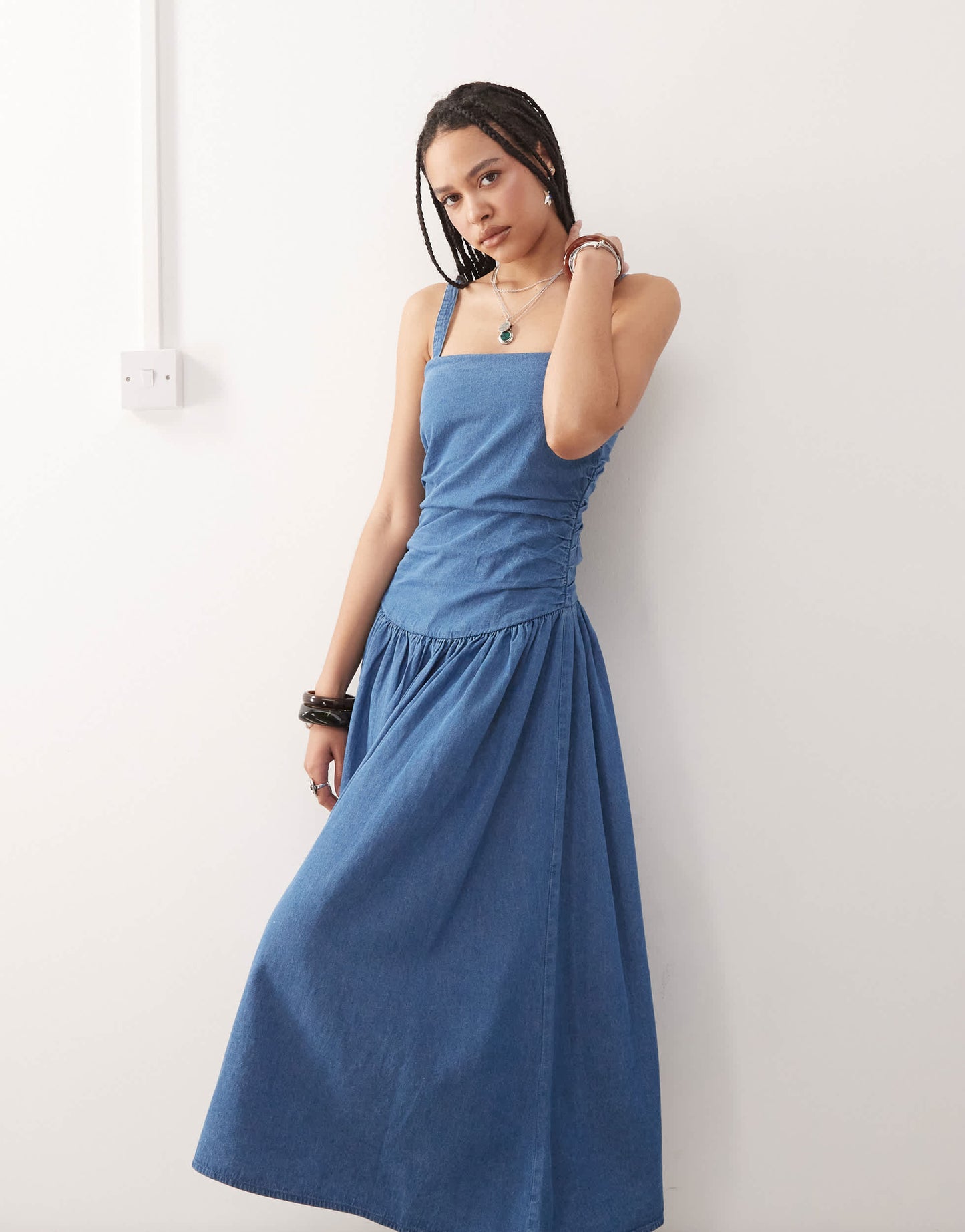 Reclaimed Vintage dropped waist gathered detail midi denim dress in authentic midwash blue - MBLUE