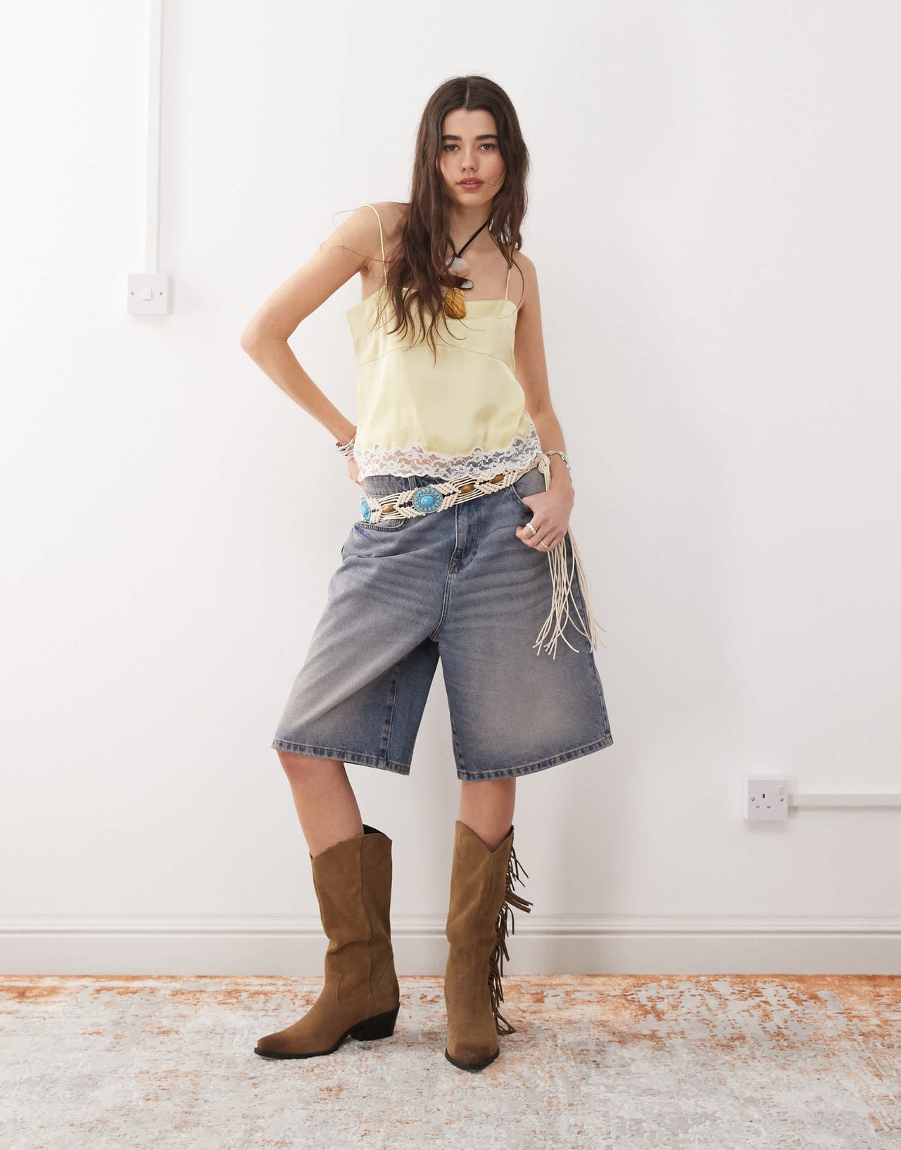 Reclaimed Vintage square neck cami top with lace in butter yellow