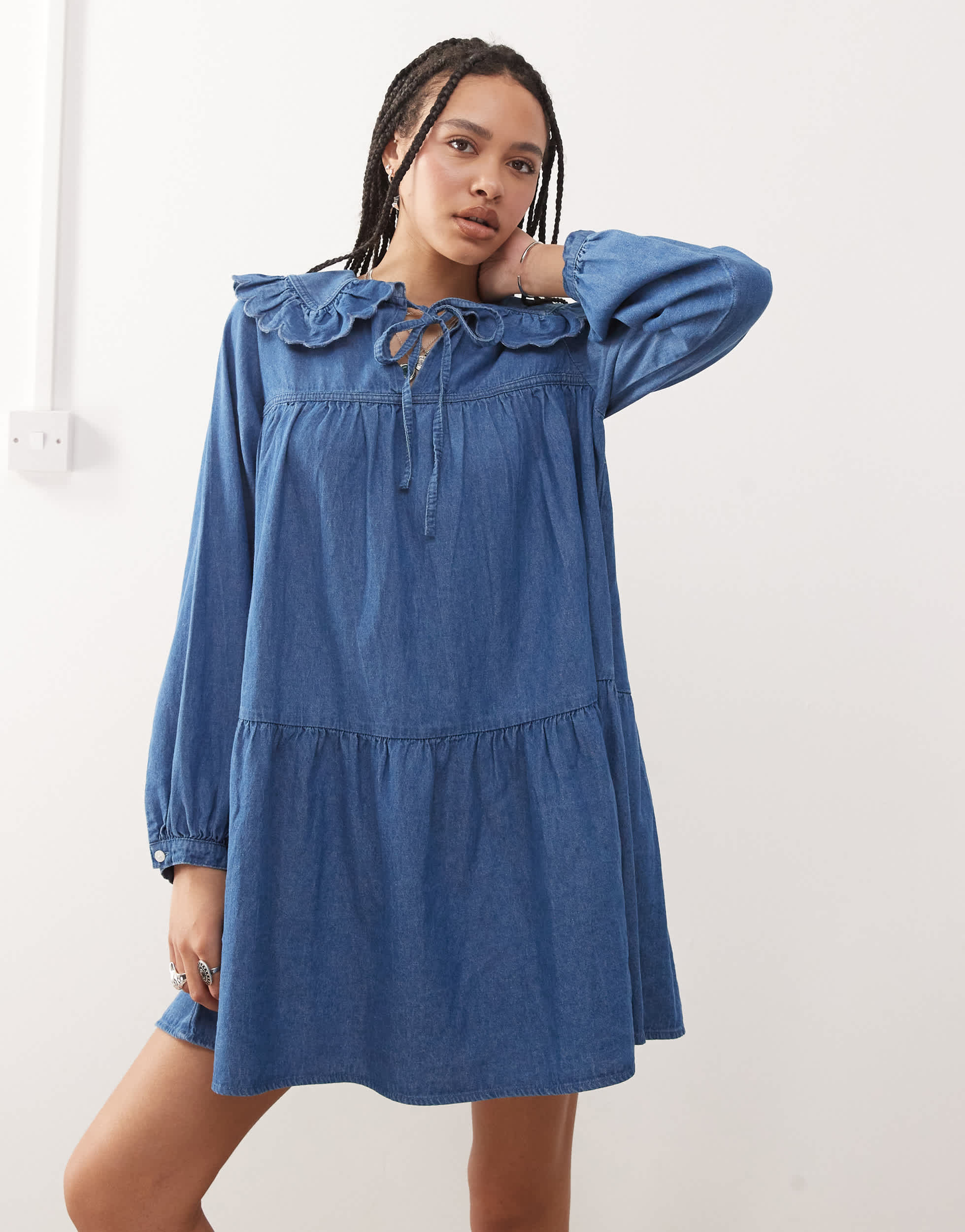 Reclaimed Vintage denim mini smock dress with oversized peter pan collar in midwash blue - MBLUE