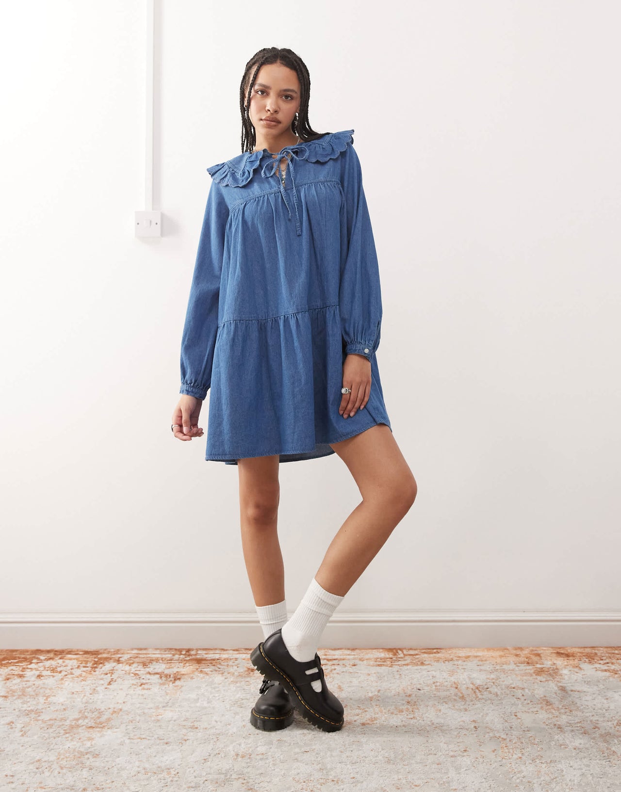 Reclaimed Vintage denim mini smock dress with oversized peter pan collar in midwash blue - MBLUE