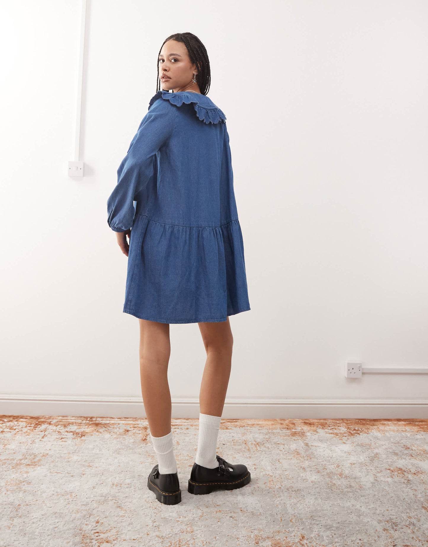 Reclaimed Vintage denim mini smock dress with oversized peter pan collar in midwash blue - MBLUE