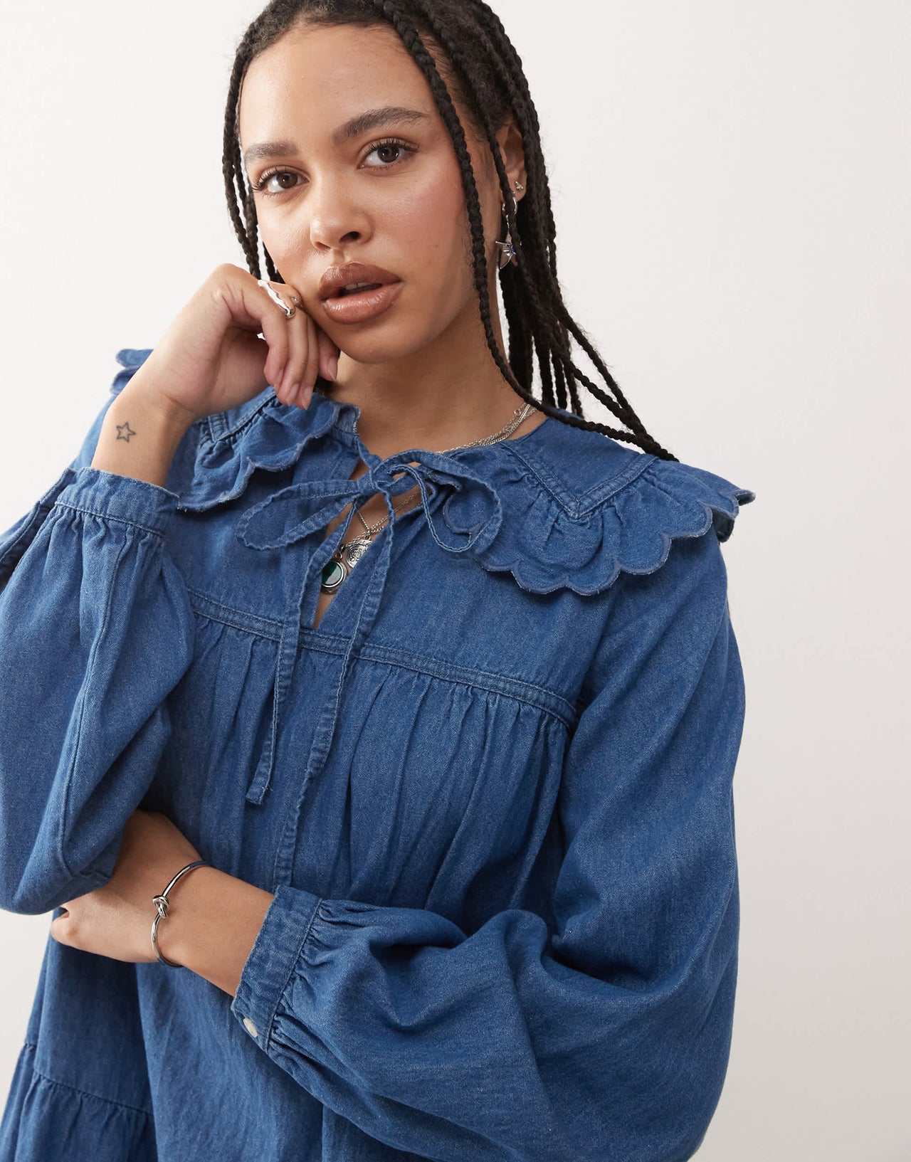 Reclaimed Vintage denim mini smock dress with oversized peter pan collar in midwash blue - MBLUE
