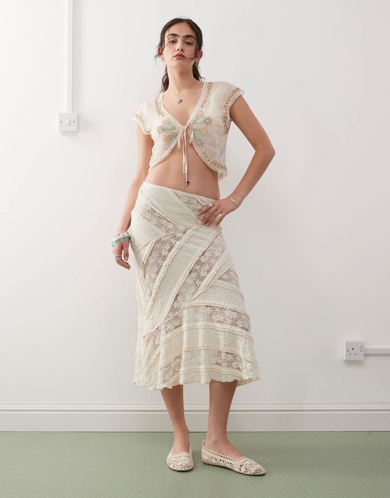 Reclaimed Vintage sheer tie front beach top with sequins and embroidery