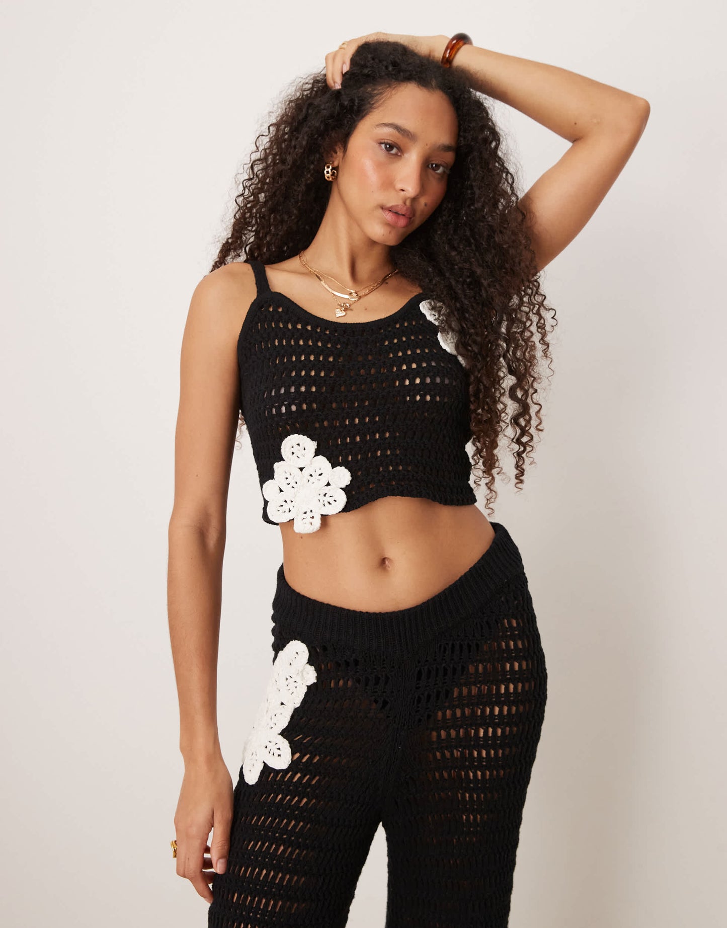 ASOS DESIGN knitted cami top with crochet patch detail co-ord in mono