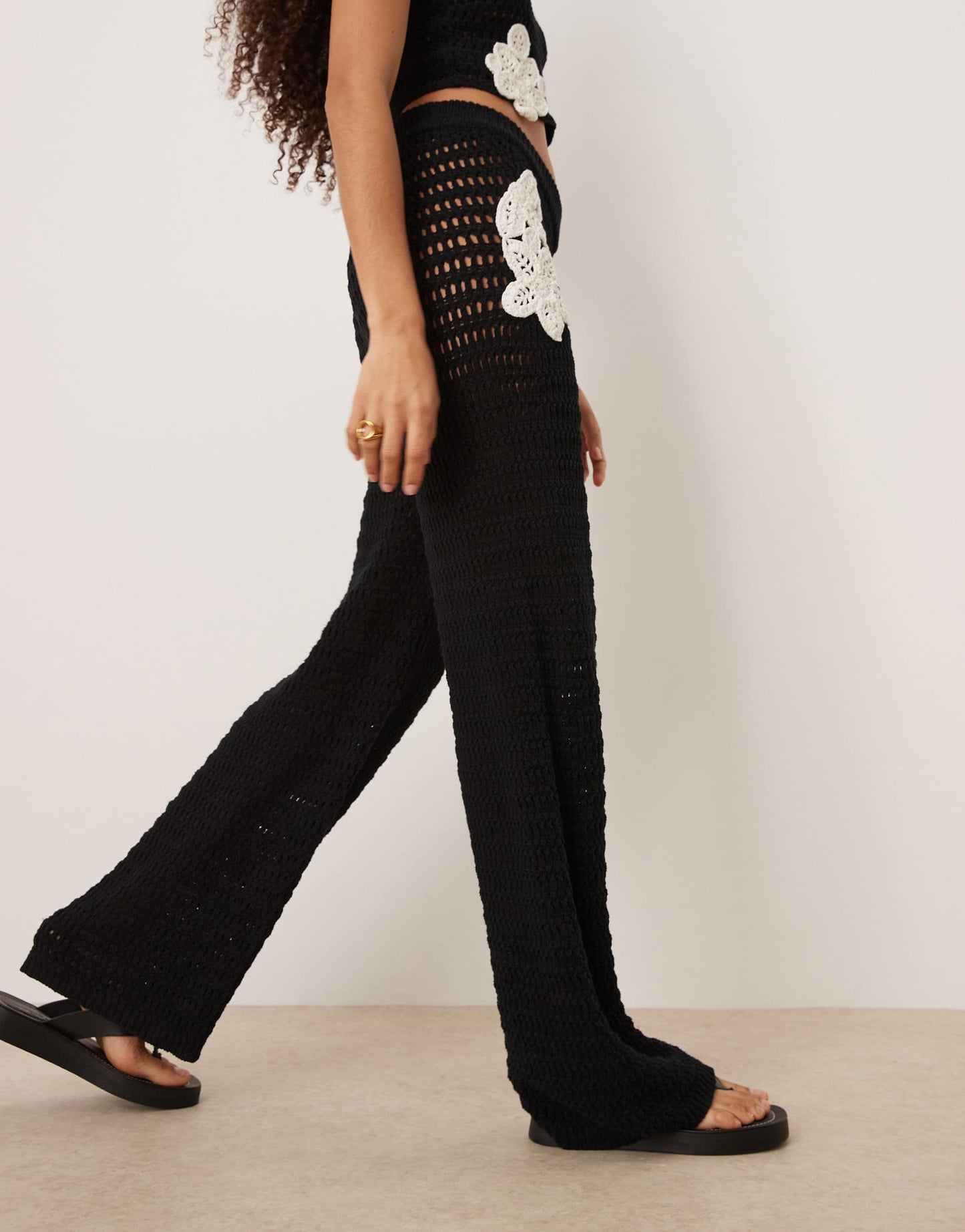 ASOS DESIGN knitted crochet wide leg trouser co-ord with flower patch detail in mono